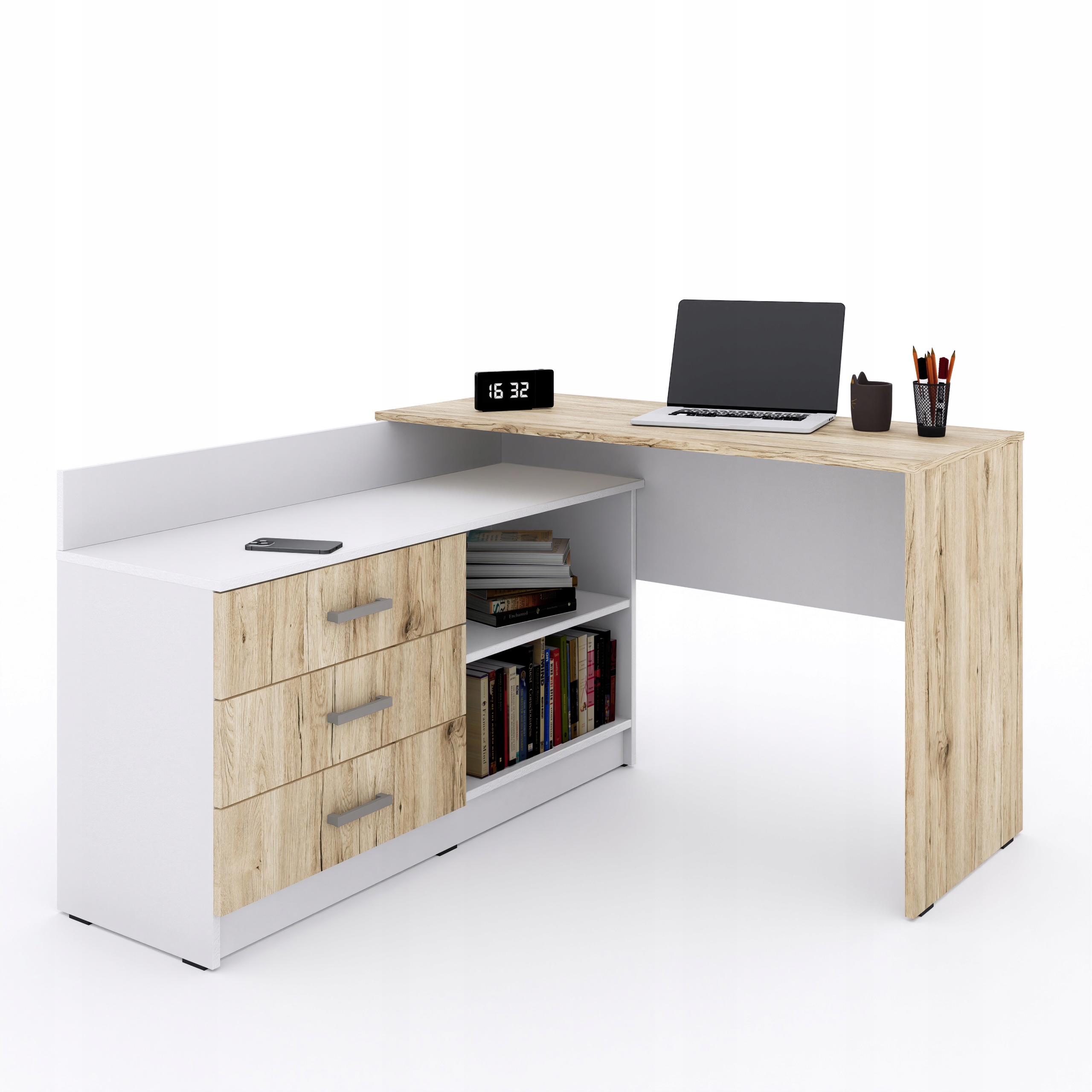 Funkcjonalne biurko narożne Omega w kształcie litery L - 3 szuflady