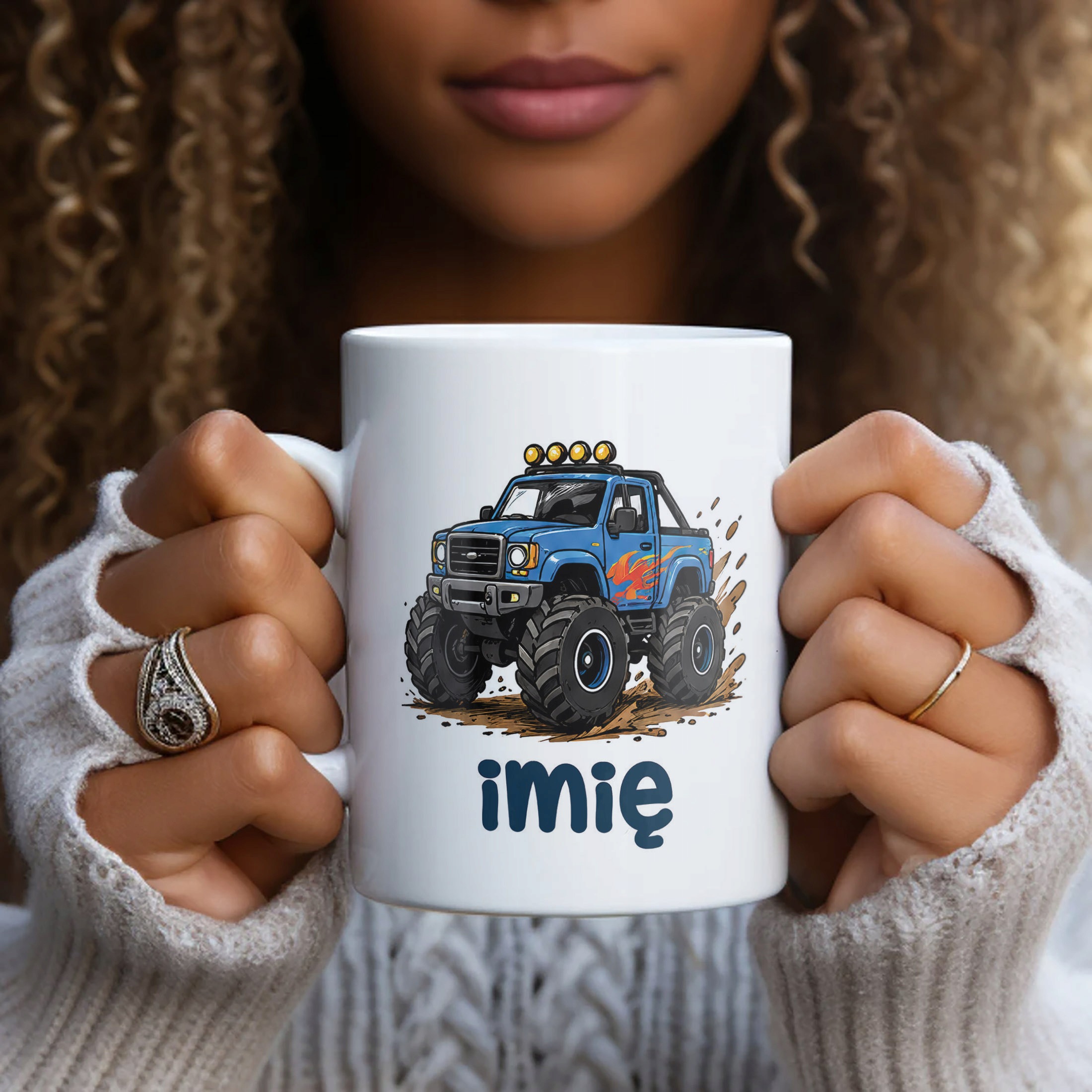 Biały Kubek z nadrukiem personalizowany Monster Truck Dla Dzieci Prezent