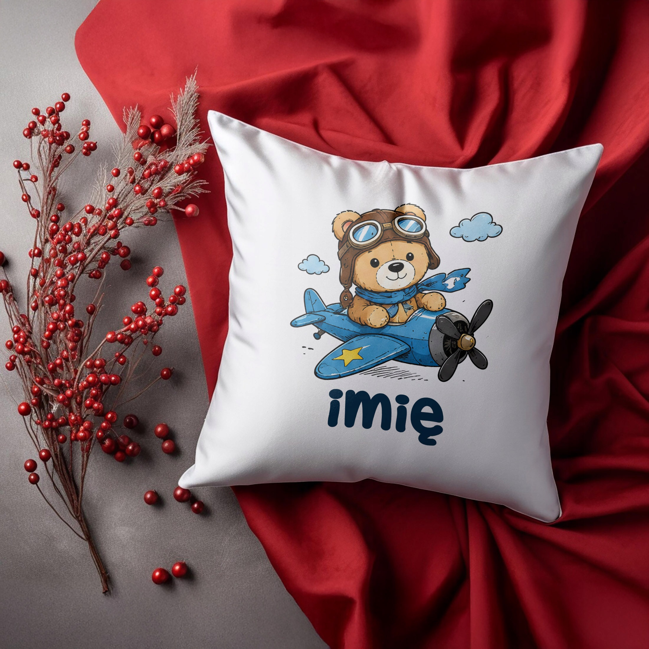 Zestaw Personalizowany Kubek Różowy Poduszka Miś w samolocie Prezent