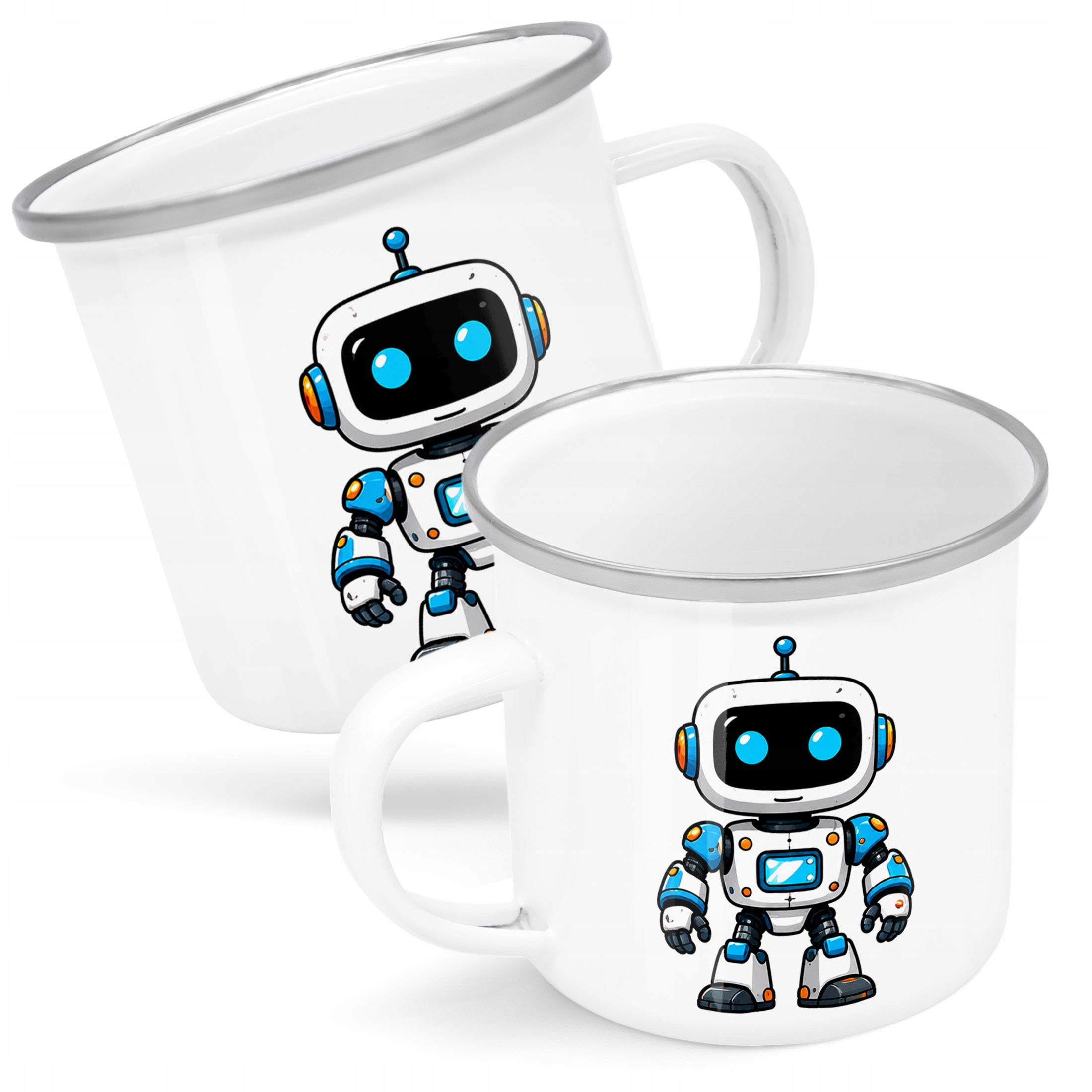 Kubek Emaliowany Robot z Nadrukiem Biały Metalowy Prezent
