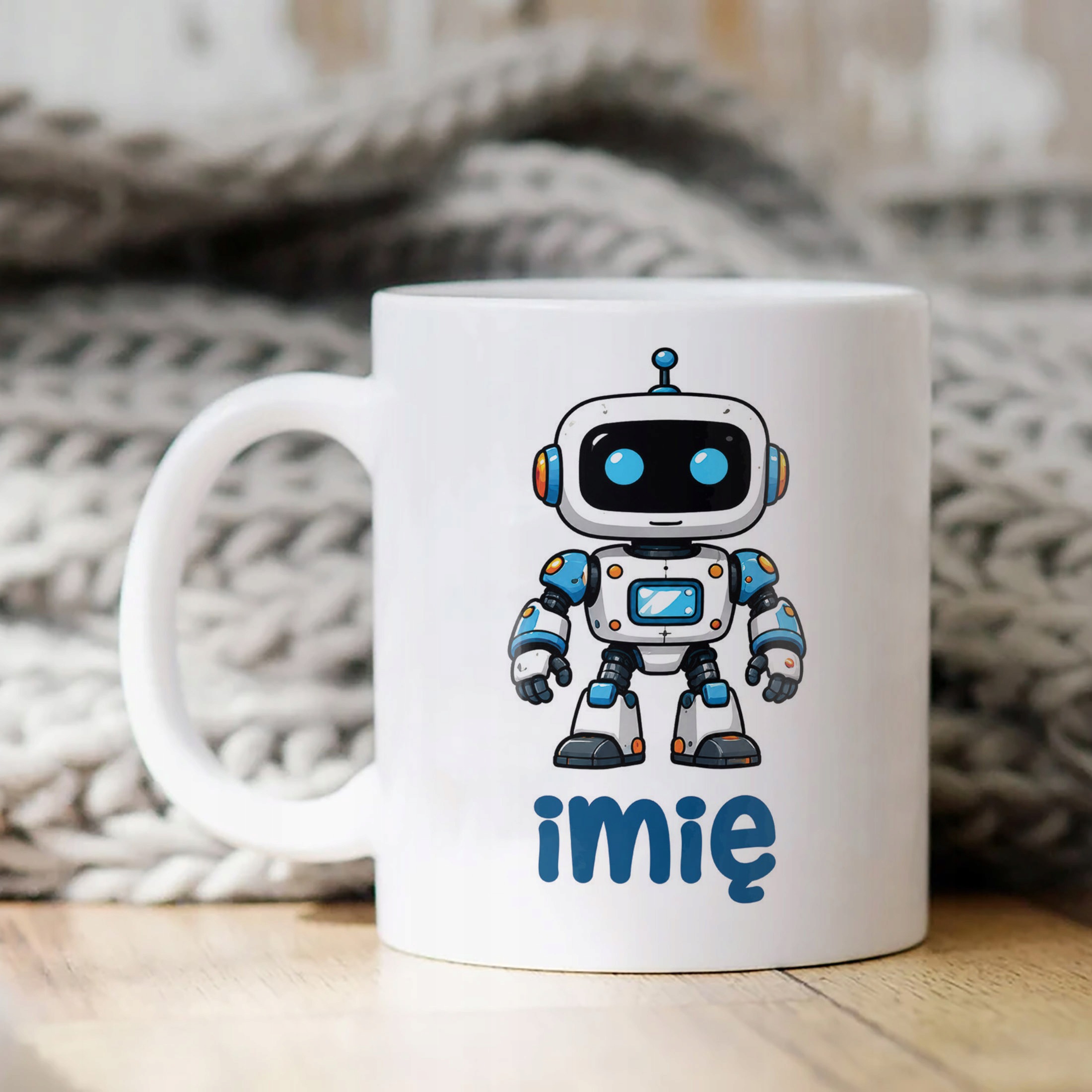 Biały Kubek z nadrukiem personalizowany Robot Dla Dzieci Prezent