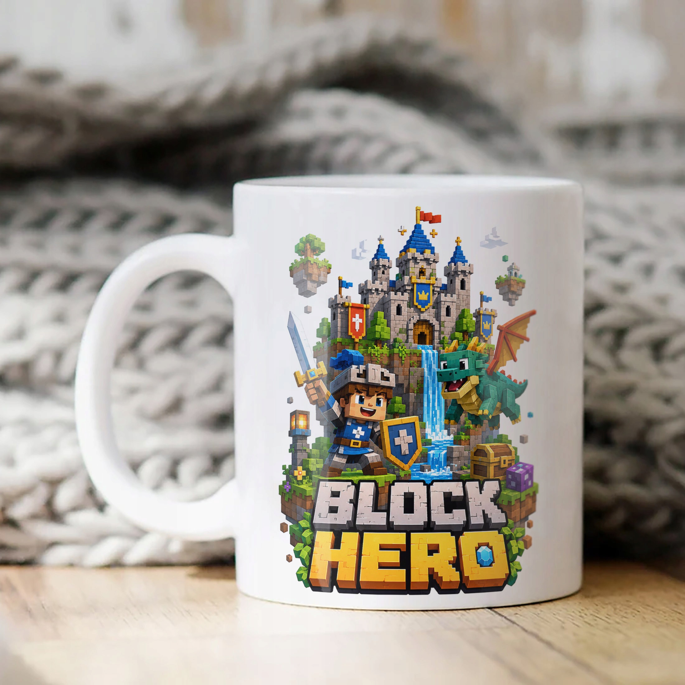 Biały Kubek z nadrukiem BLOCK HERO Gra Dla Dzieci Prezent Upominek