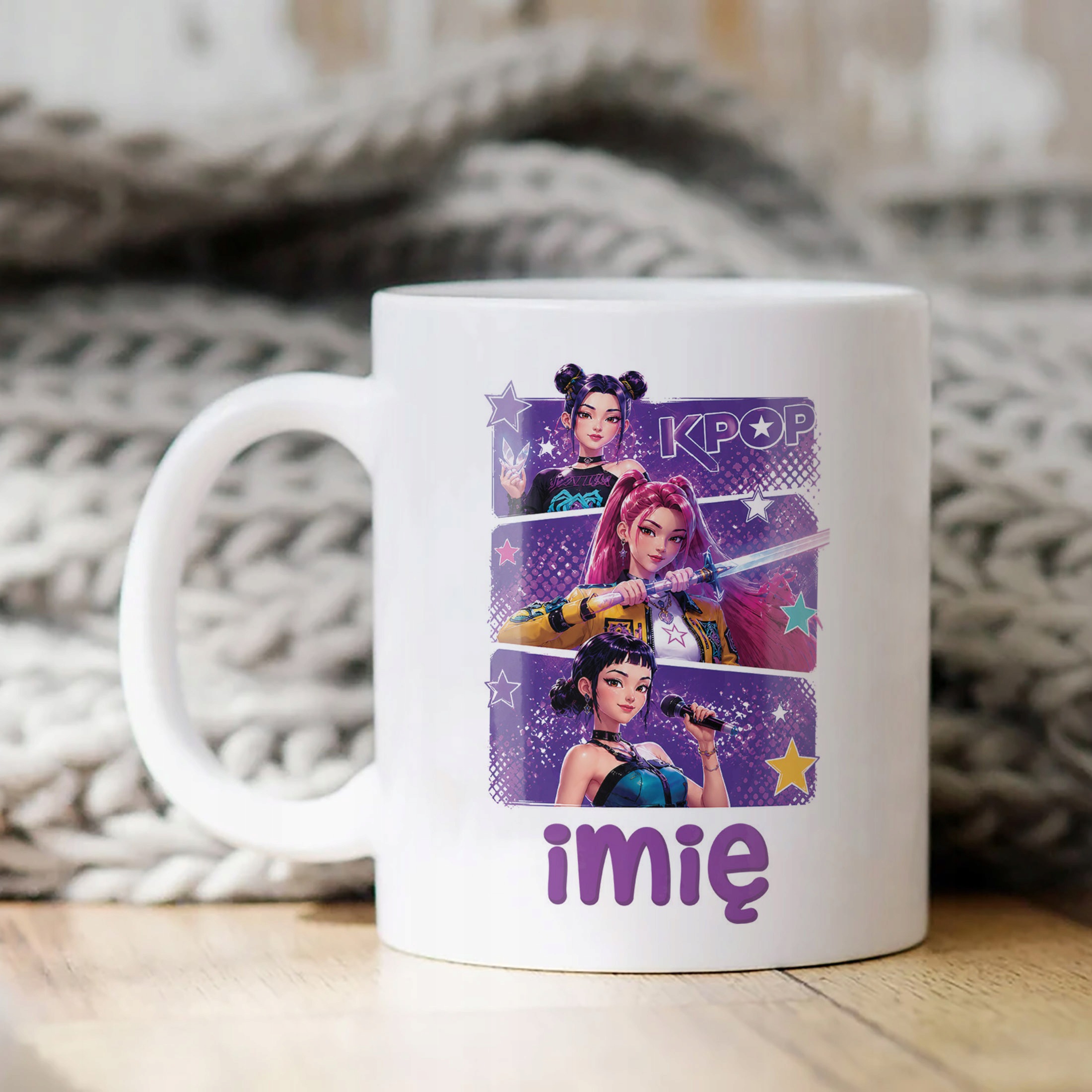 Biały Kubek z nadrukiem personalizowany ŁOWCZYNIE KPOP Dla Dzieci Prezent