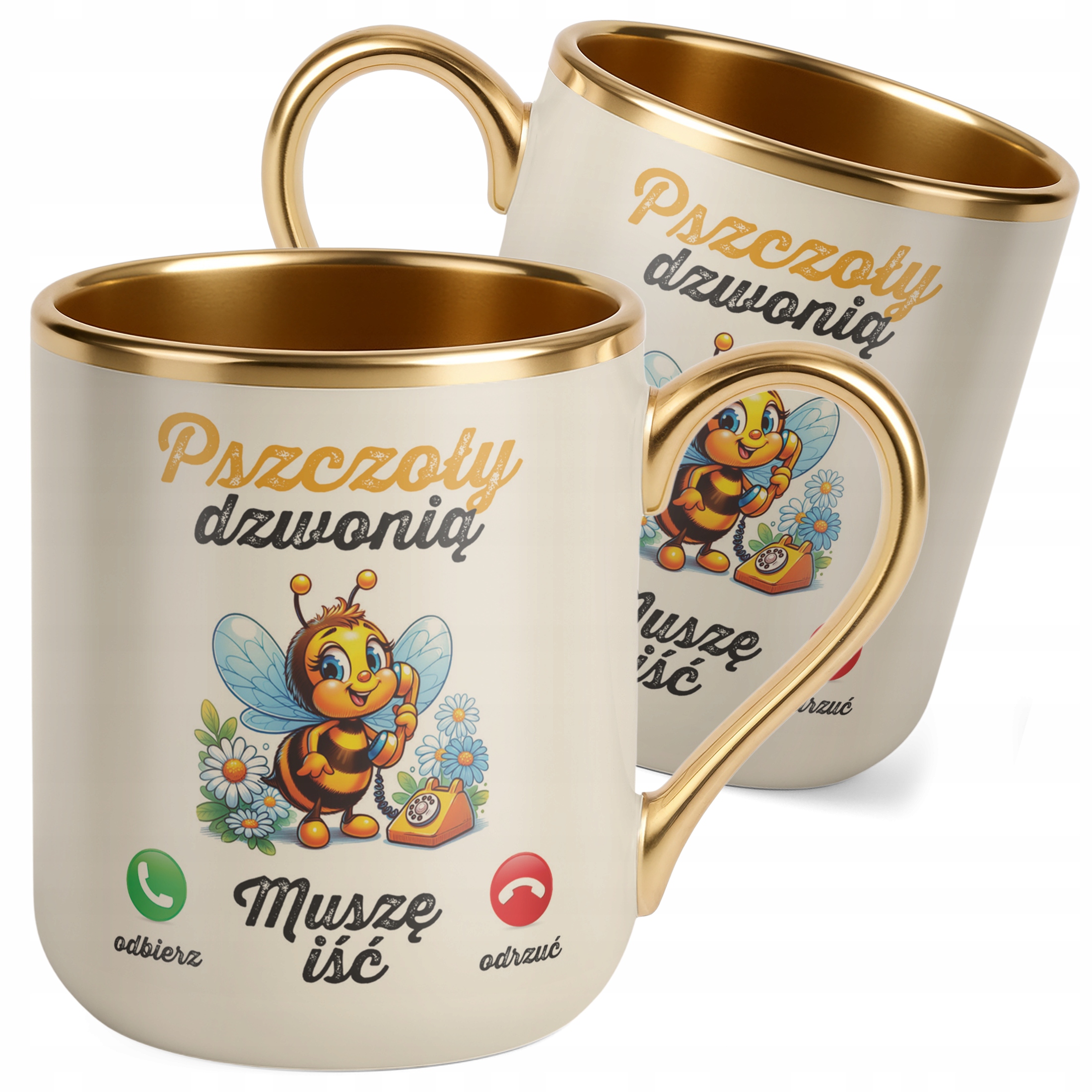 Kubek Premium Złoty Ecru Pszczoły Dzwonią Dla Pszczelarzy Prezent