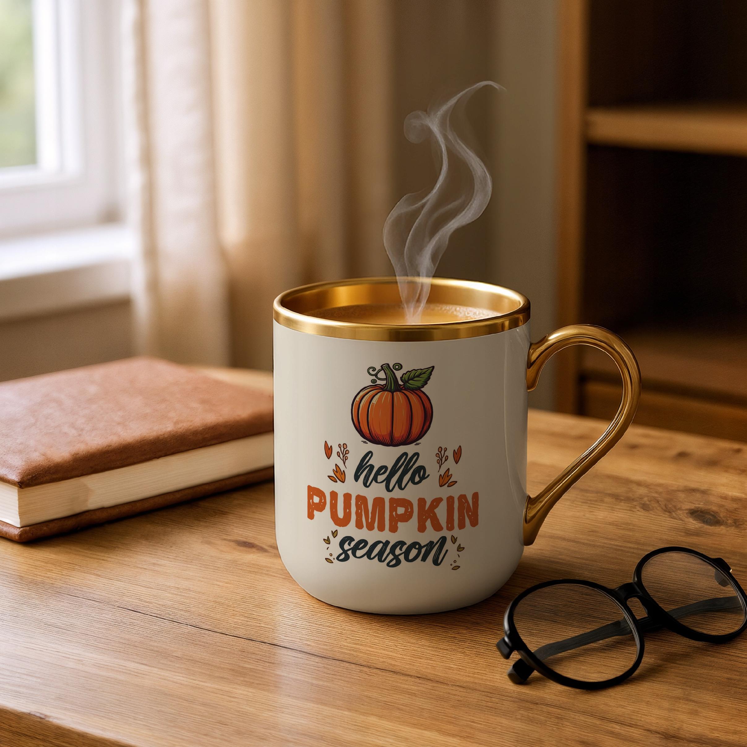 Kubek Premium Złoty Ecru Jesienny Jesień Hello Pumpkin Dynia Prezent
