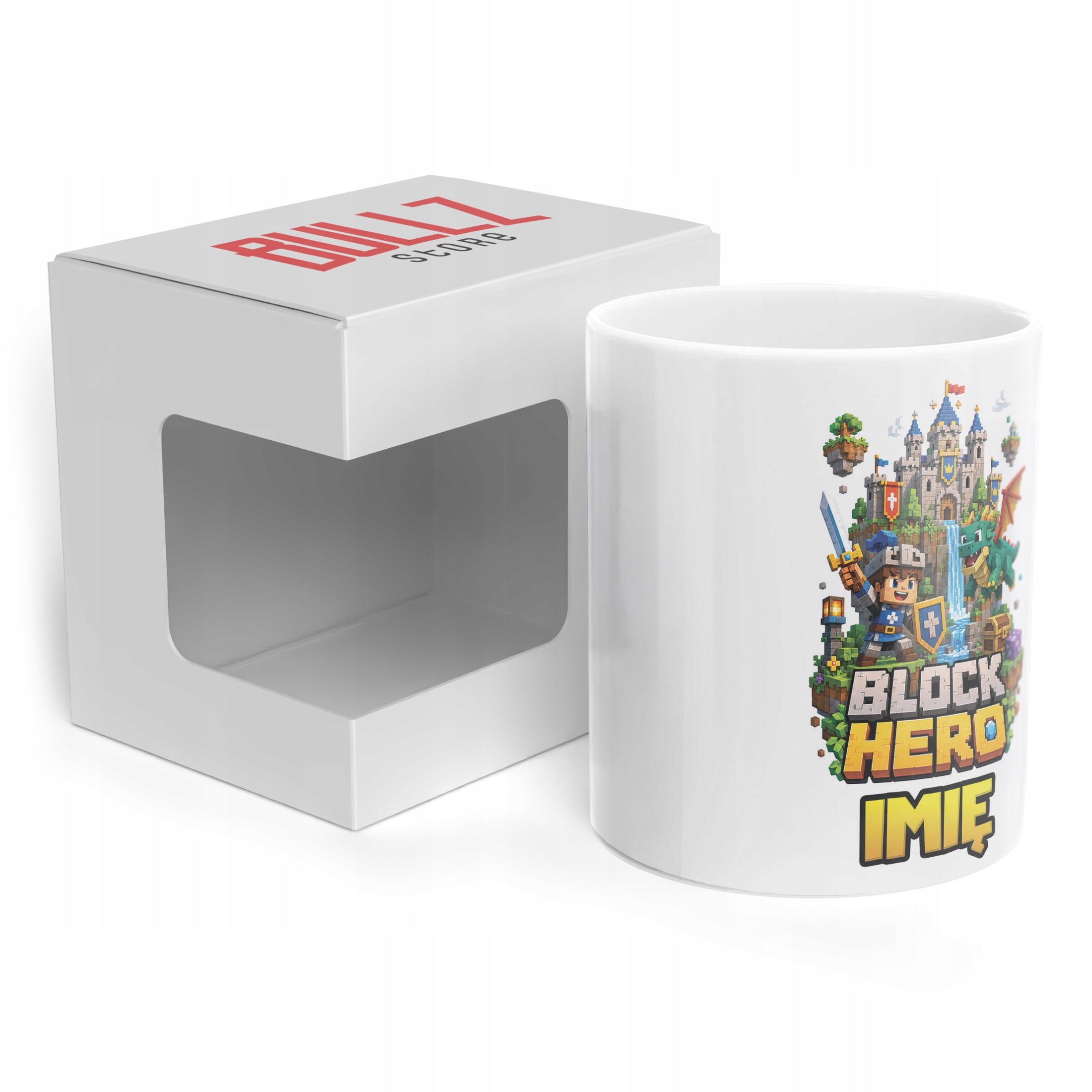 Biały Kubek z nadrukiem personalizowany BLOCK HERO Gra Dla Dzieci Prezent