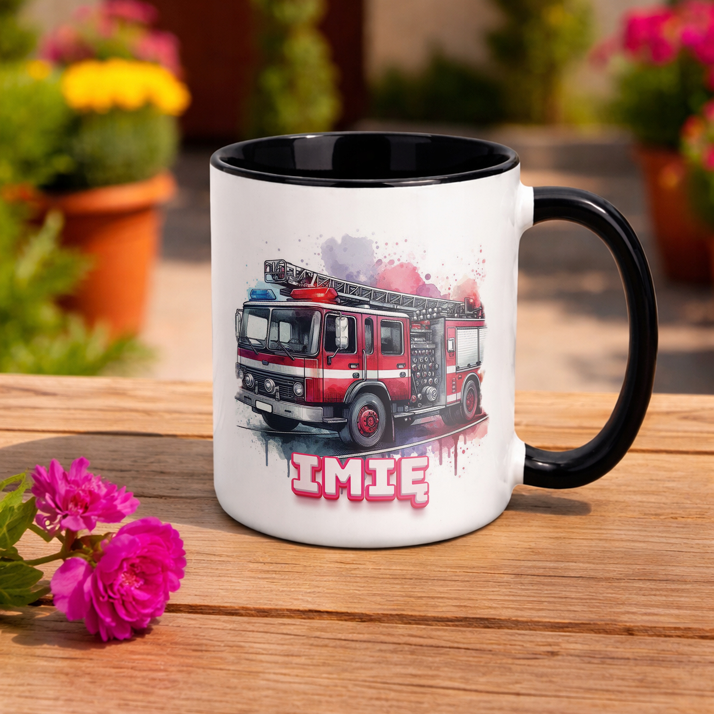 Kubek Czarny Personalizowany Dla Strażaka Wóz Strażacki Prezent