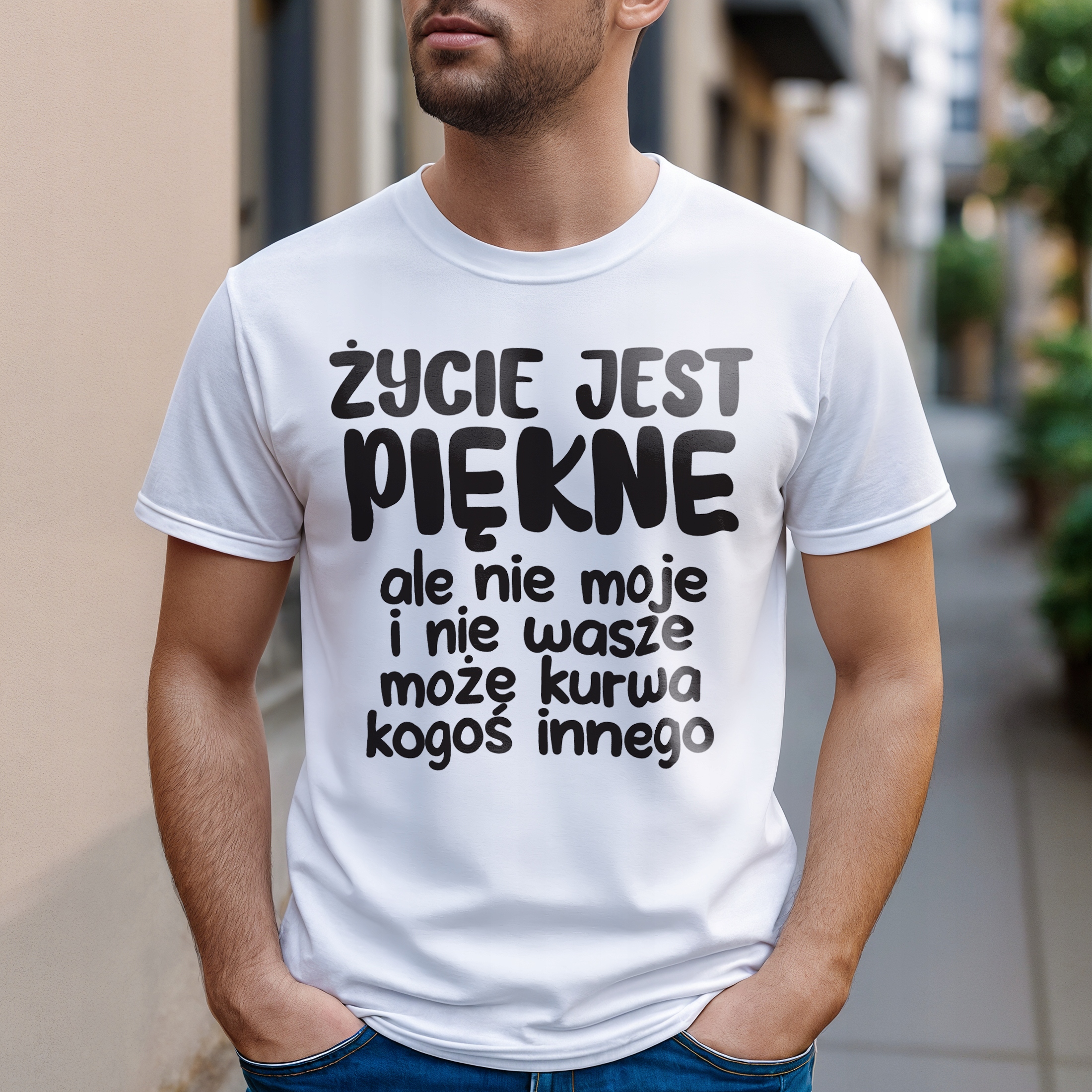Koszulka biała męska Życie Jest Piękne Zabawny Prezent r. 3XL