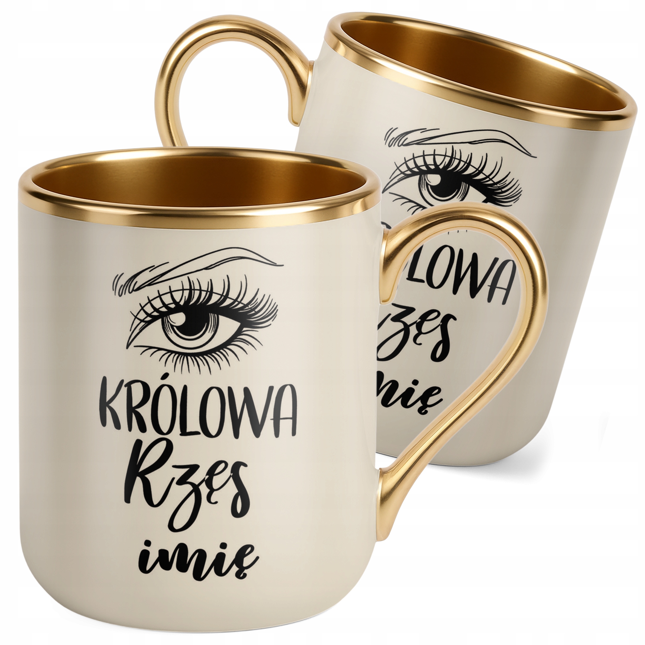 Kubek Premium Złoty Ecru Personalizowany Królowa Rzęs Dla Stylistki