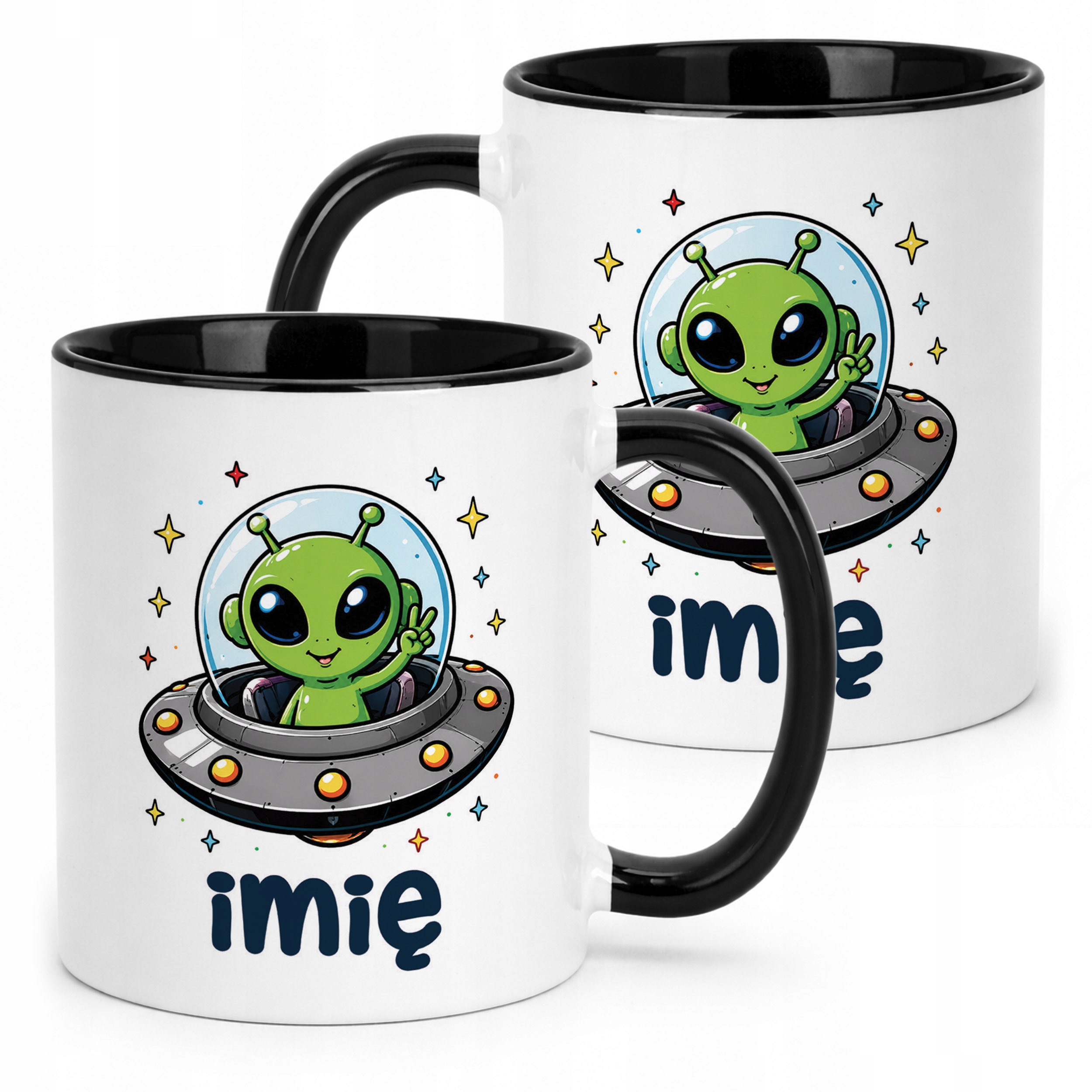 Kubek Czarny z nadrukiem personalizowany Kosmita UFO Dla Dzieci Prezent