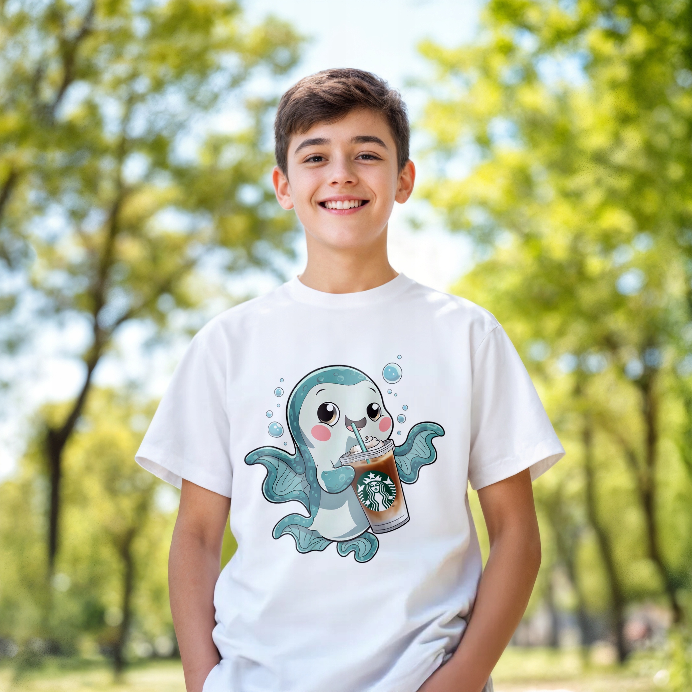 T-shirt dziecięcy biały Aksolotl Axolotl Uśmiechnięty Różowy