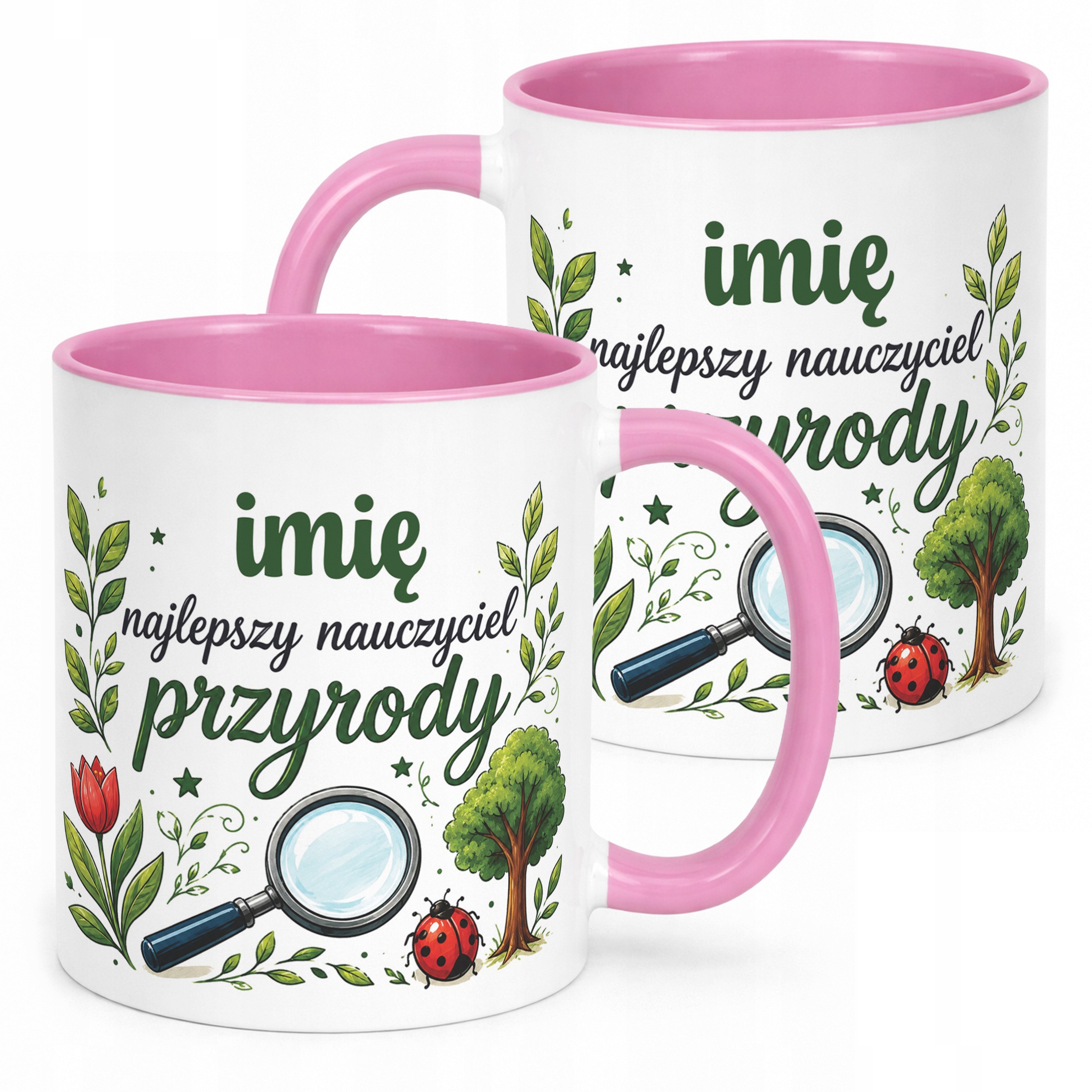 Kubek Różowy z Imieniem Dzień Nauczyciela Przyroda Prezent