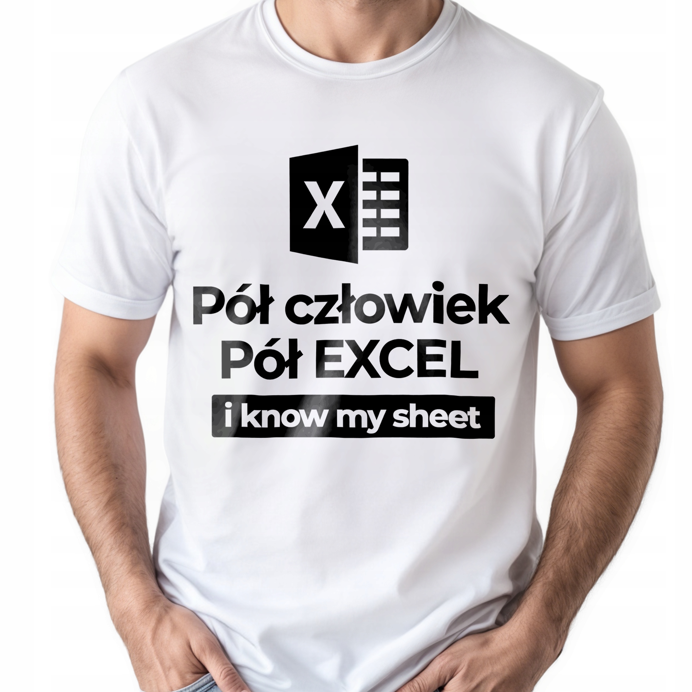 Koszulka biała męska Pół Człowiek Pół Excel Zabawny Prezent