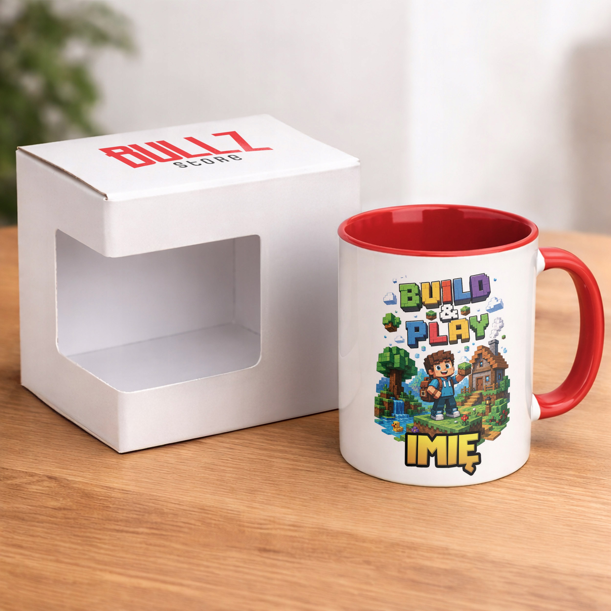 Zestaw Personalizowany Kubek Czerwony Poduszka gra Build&Play Prezent