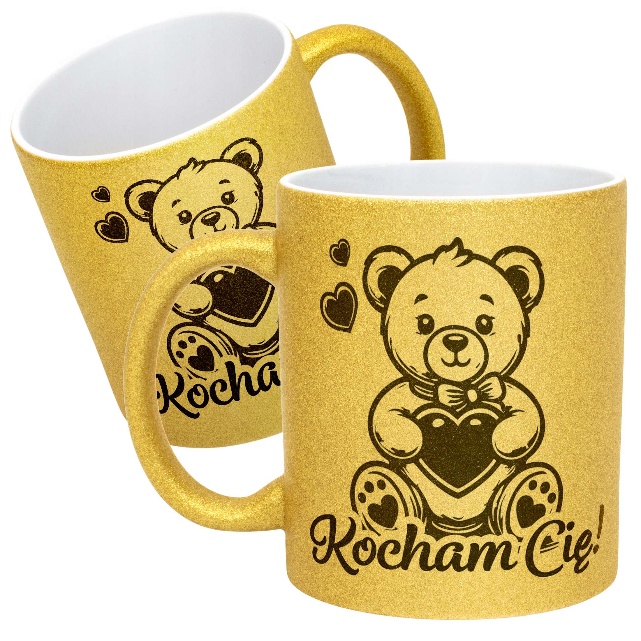 Złoty kubek brokatowy Walentynki Kocham Cię Miś Prezent