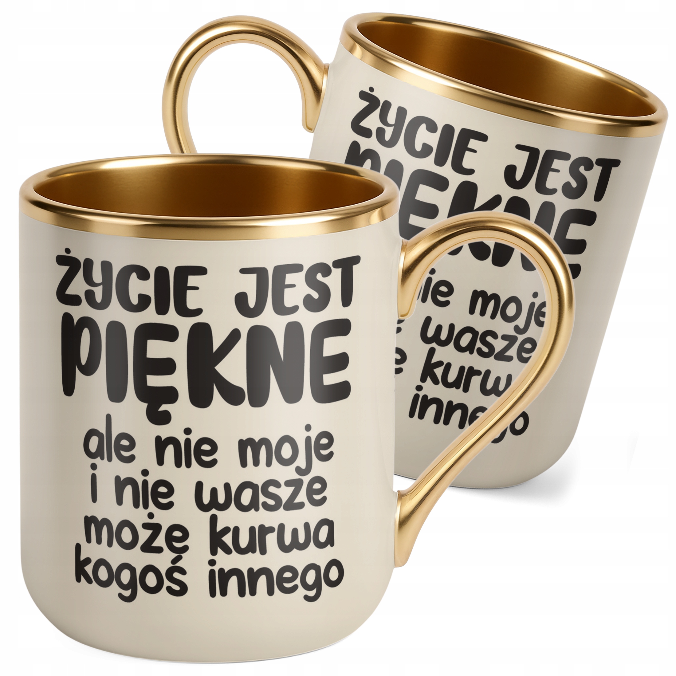 Kubek Premium Złoty Ecru Życie Jest Piękne Śmieszny Zabawny