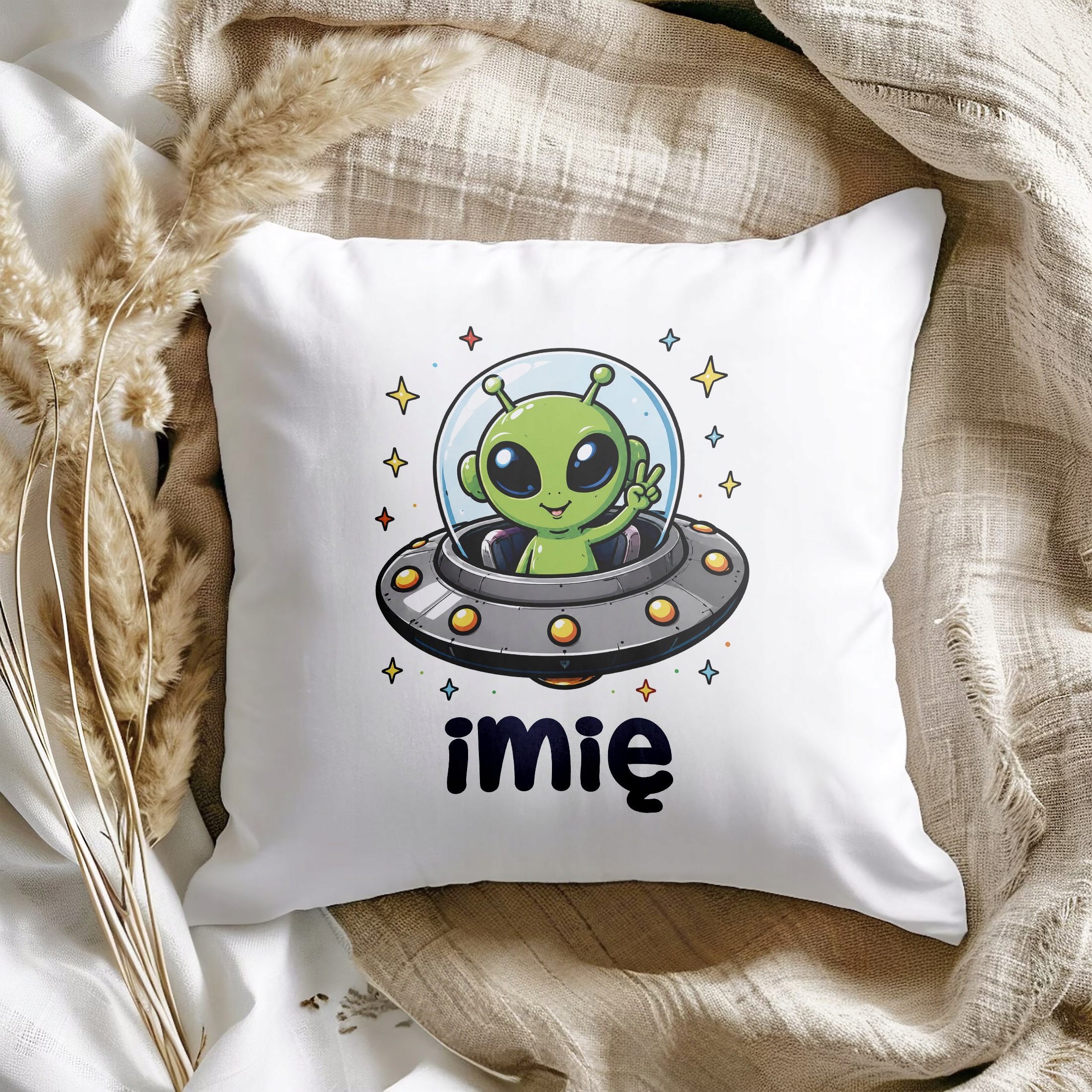 Zestaw Personalizowany Kubek Różowy Poduszka Kosmita UFO Prezent