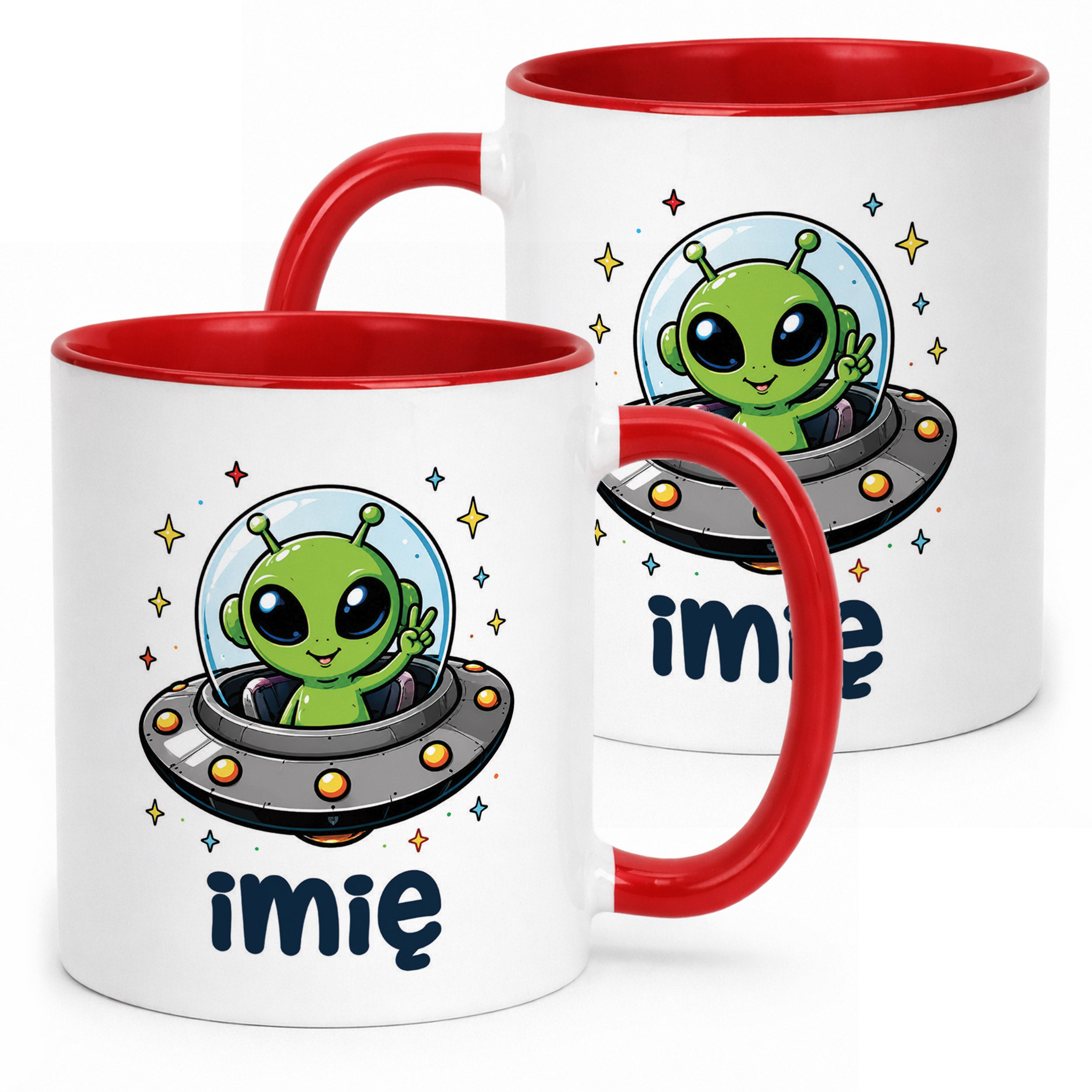Kubek Czerwony z nadrukiem personalizowany Kosmita UFO Dla Dzieci Prezent