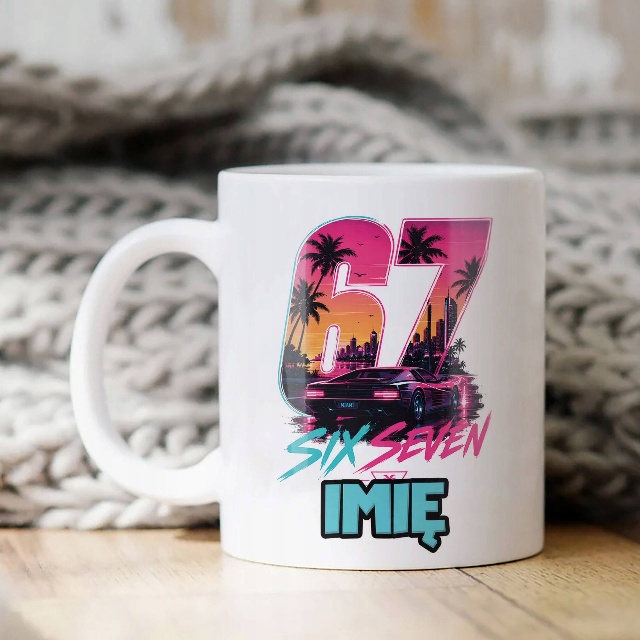 Biały Kubek z nadrukiem personalizowany 67 Miami Gra Dla Dzieci Prezent