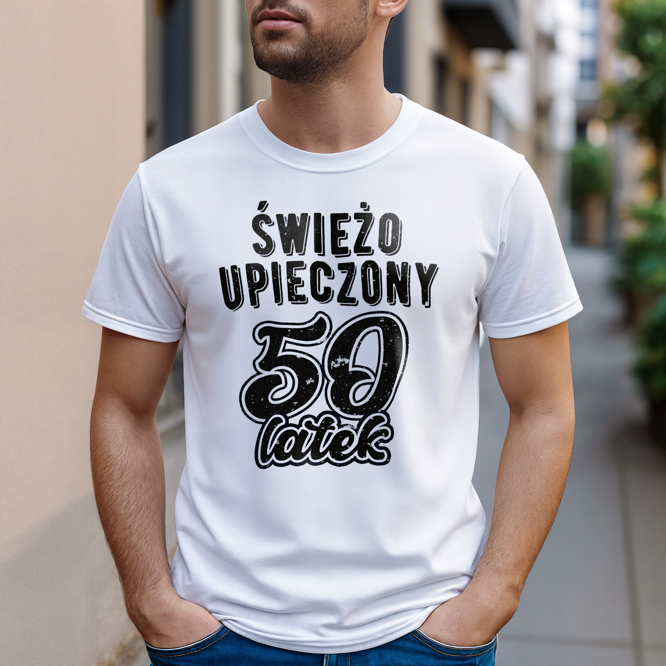 Koszulka biała męska Świeżo Upieczony 50 Urodziny Prezent