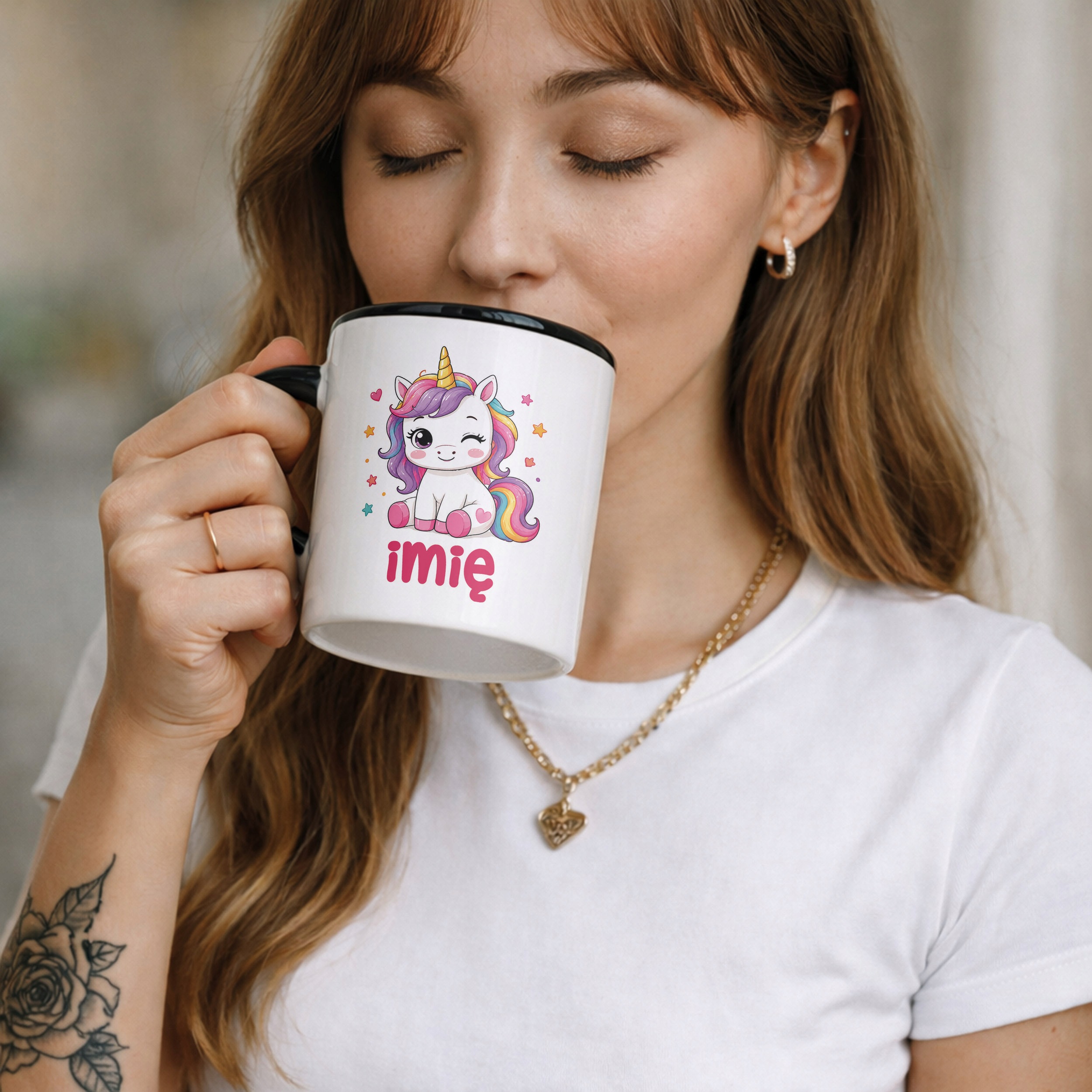 Zestaw Personalizowany Kubek Czarny Poduszka Jednorożec Prezent