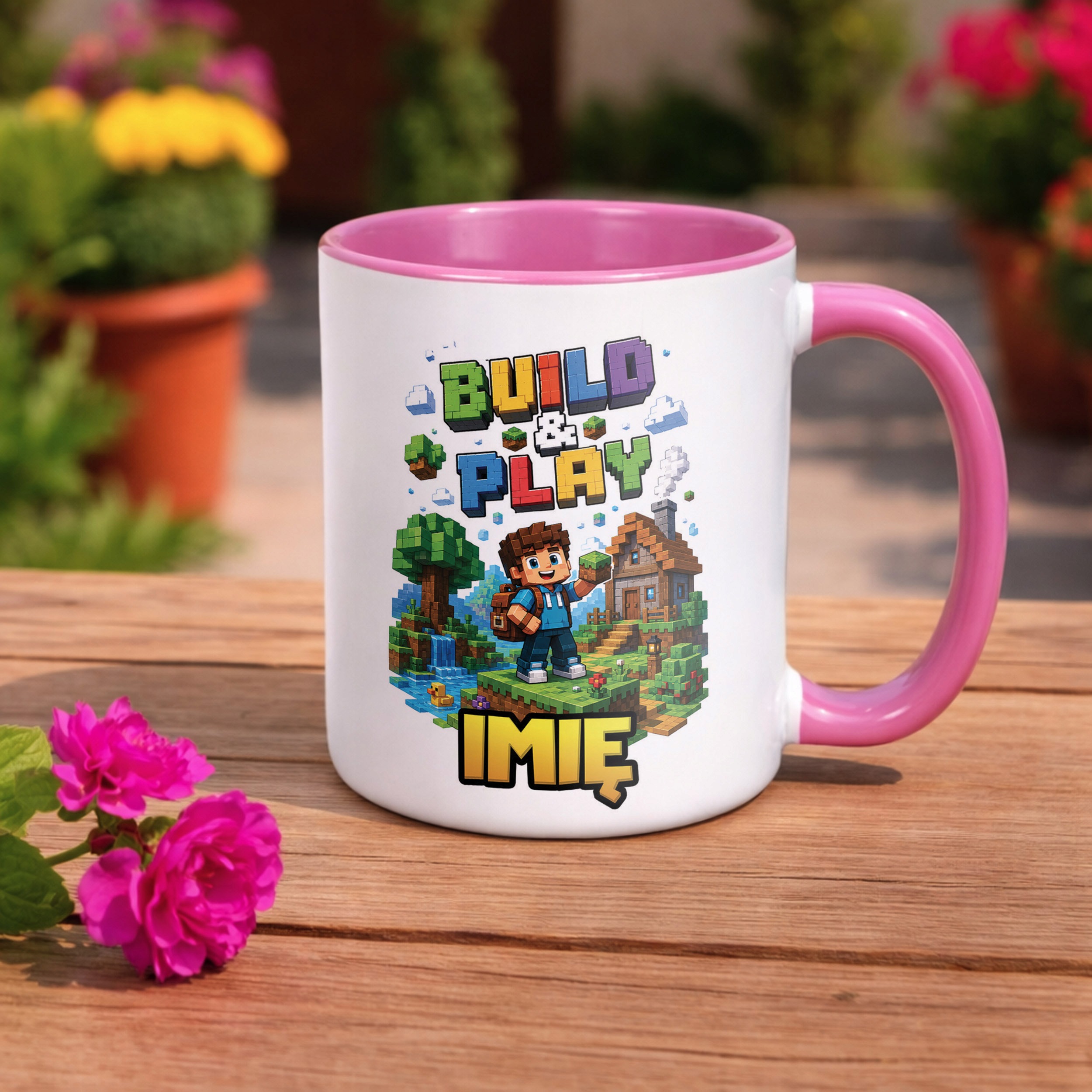 Zestaw Personalizowany Kubek Różowy Poduszka gra Build&Play Prezent