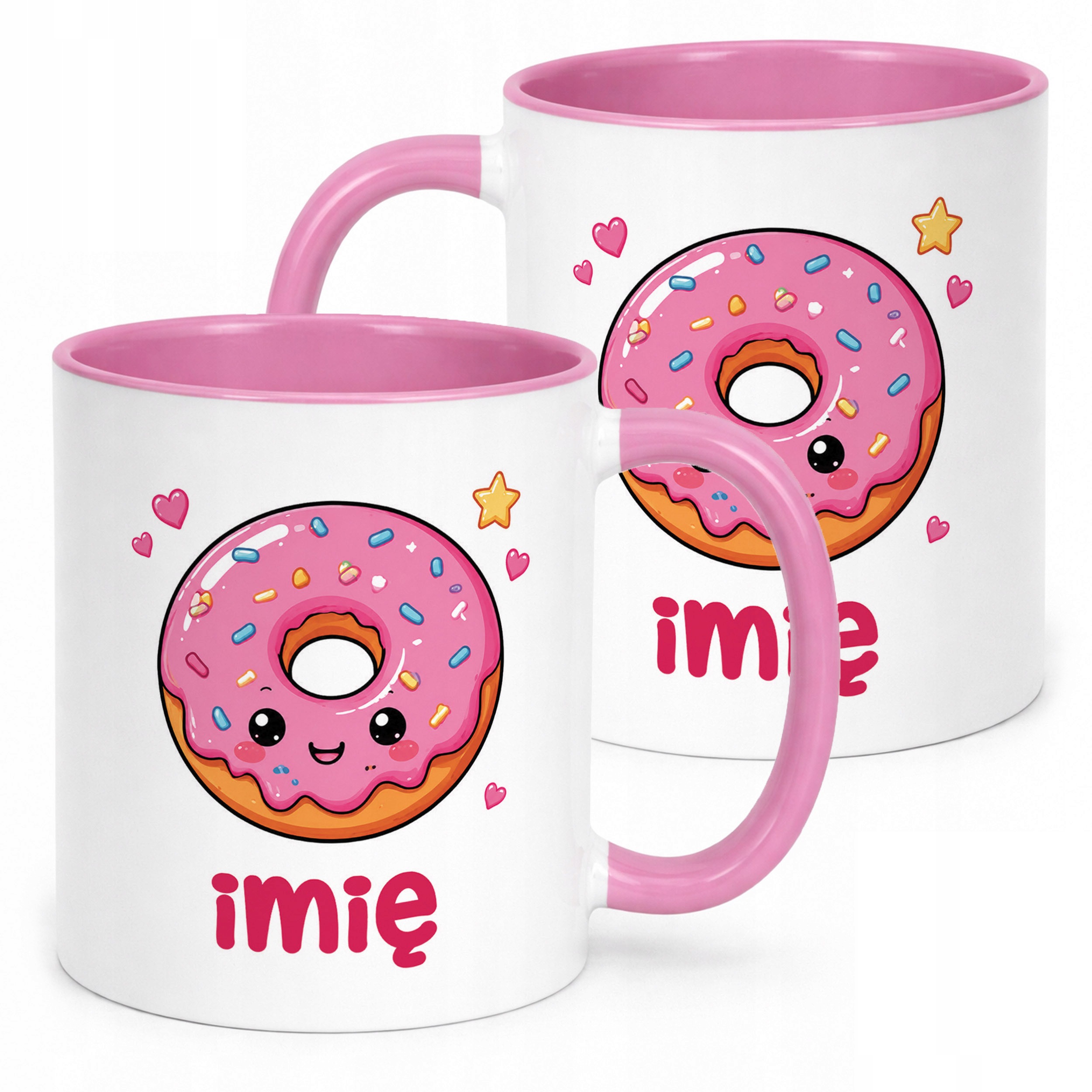Kubek Różowy z nadrukiem personalizowany Kawaii Pączek Dla Dzieci Prezent