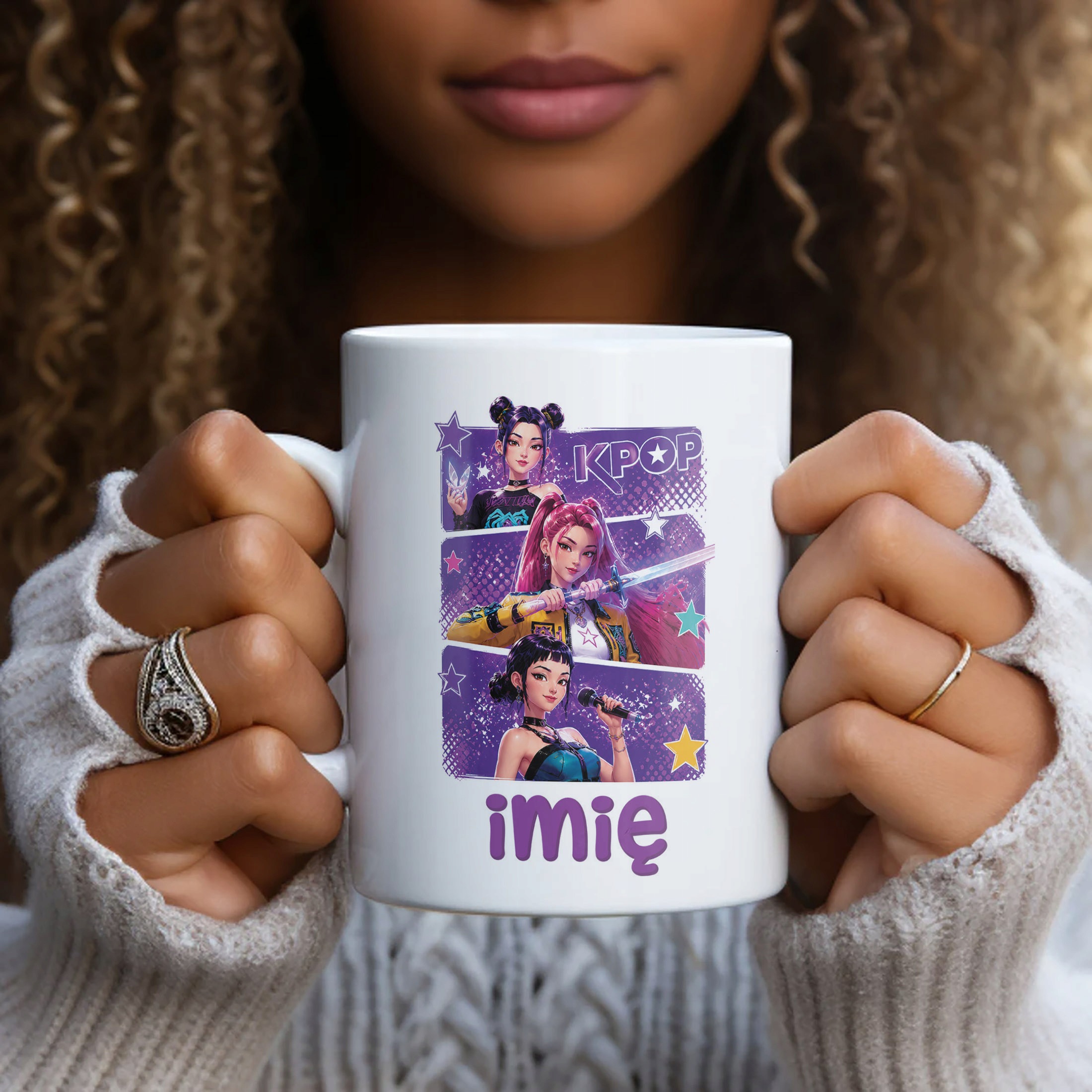 Biały Kubek z nadrukiem personalizowany ŁOWCZYNIE KPOP Dla Dzieci Prezent