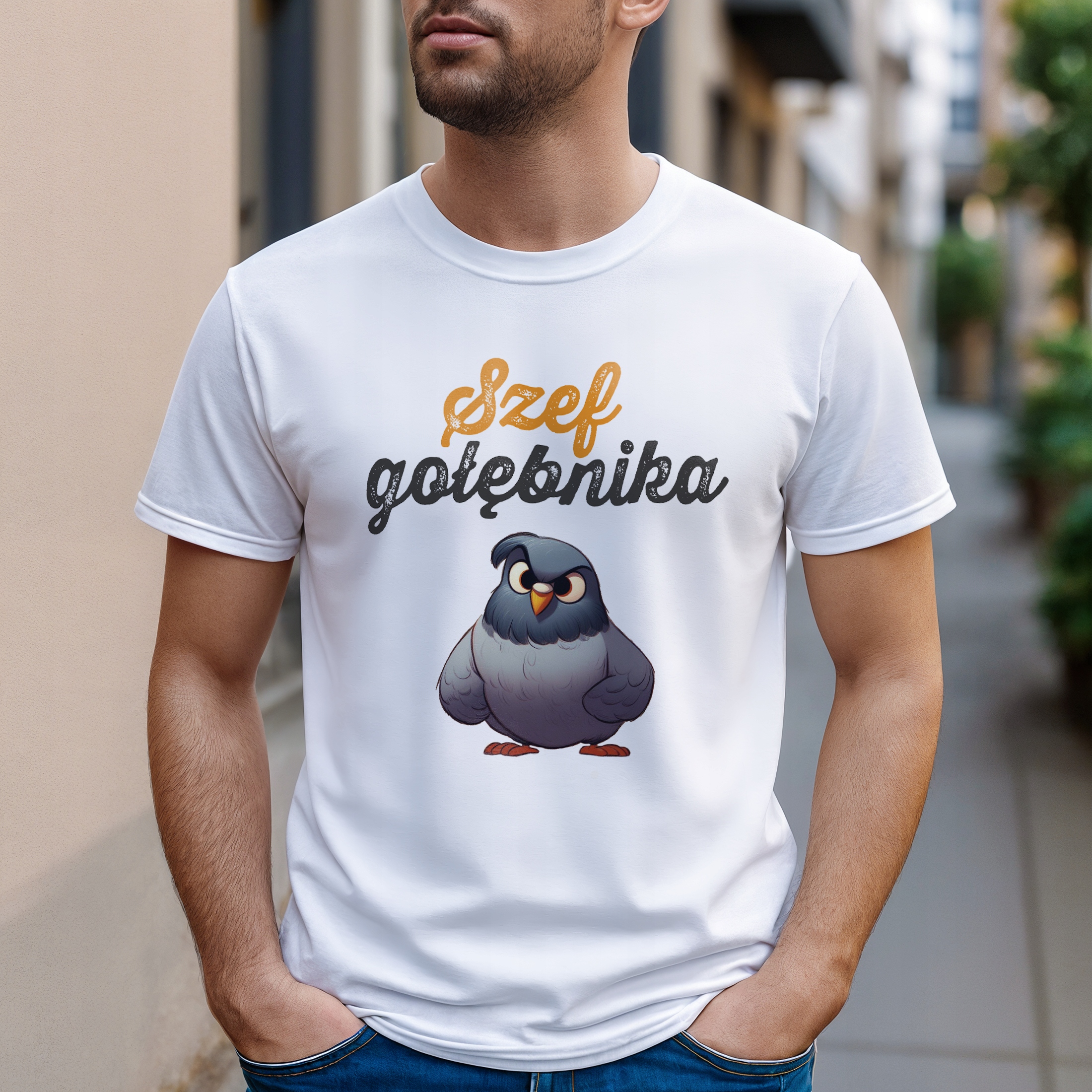 Koszulka biała męska Szef Gołębnika Gołębiarz Zabawny Prezent