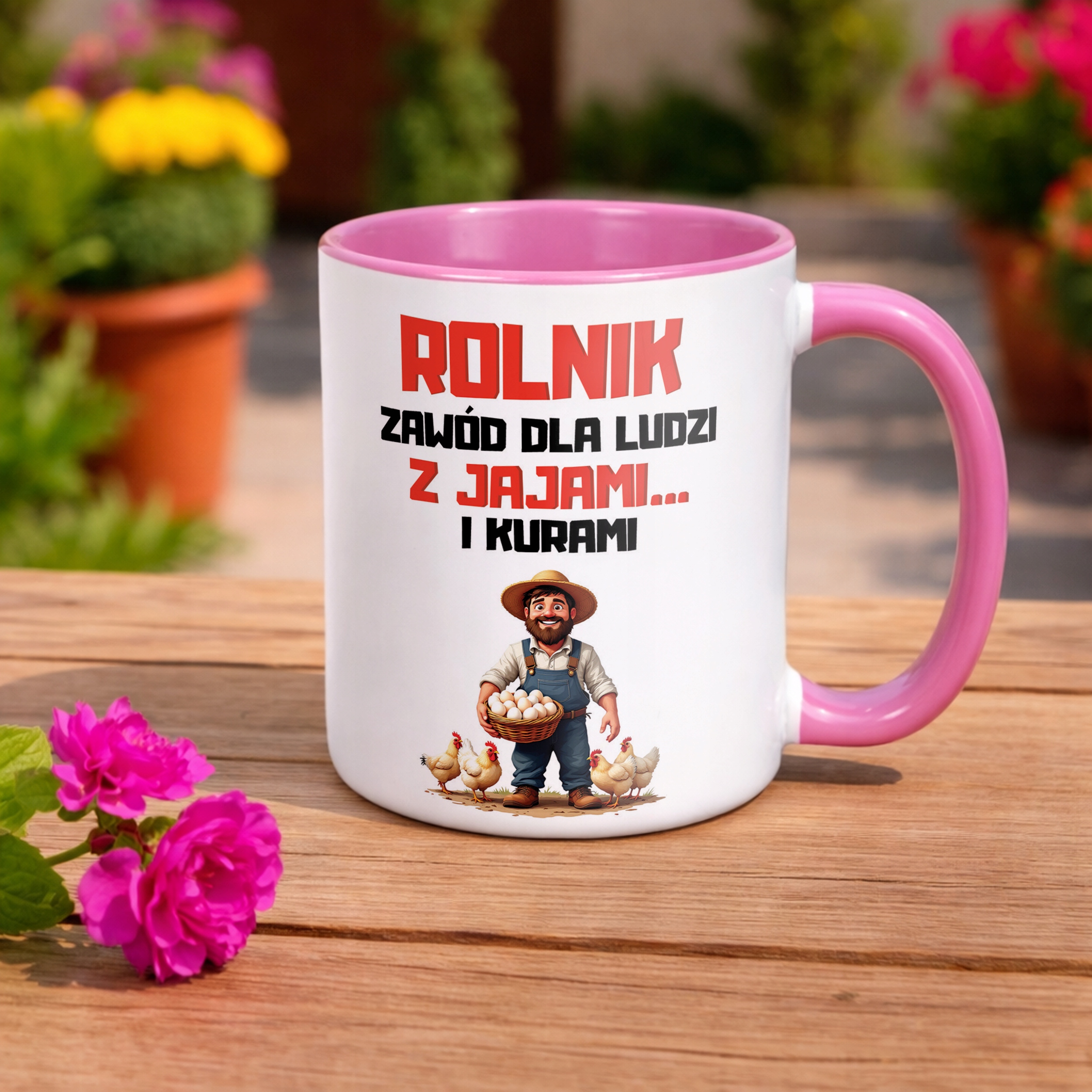 Kubek Różowy Rolnik Dla Rolnika Kury Zabawny Prezent Upominek