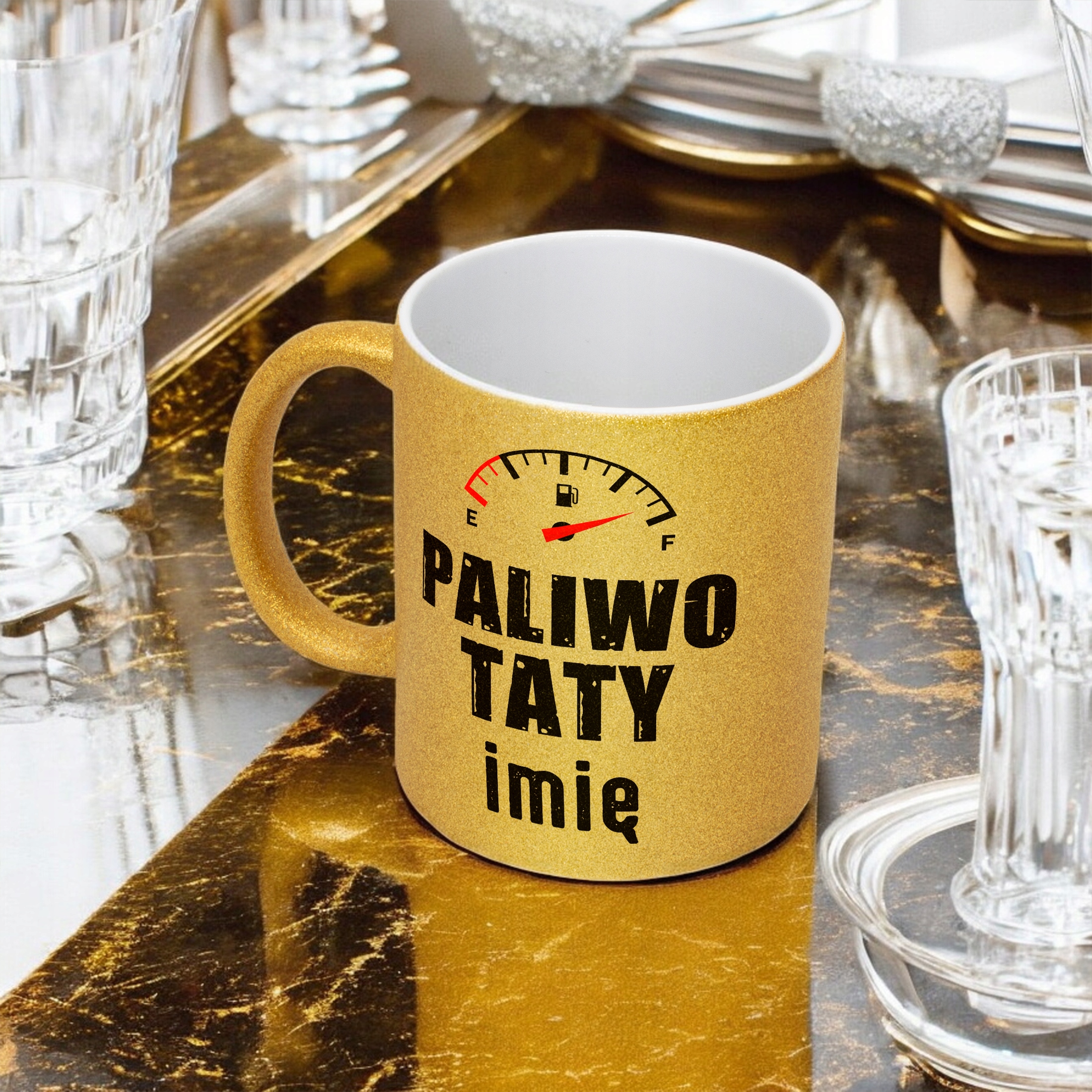 Złoty Kubek Brokatowy Personalizowany Dzień Ojca Paliwo Taty Prezent