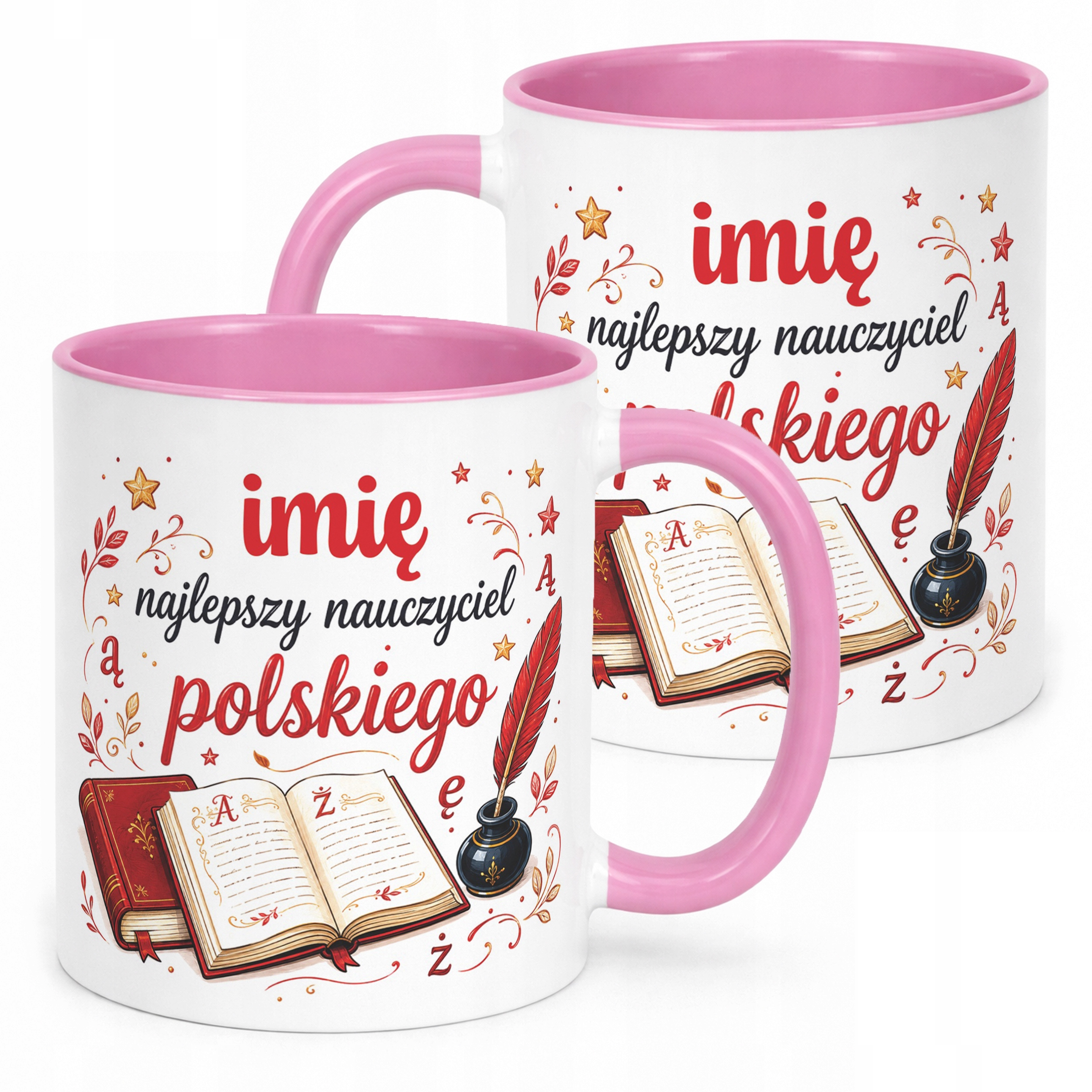 Kubek Różowy z Imieniem Dzień Nauczyciela Język Polski Prezent