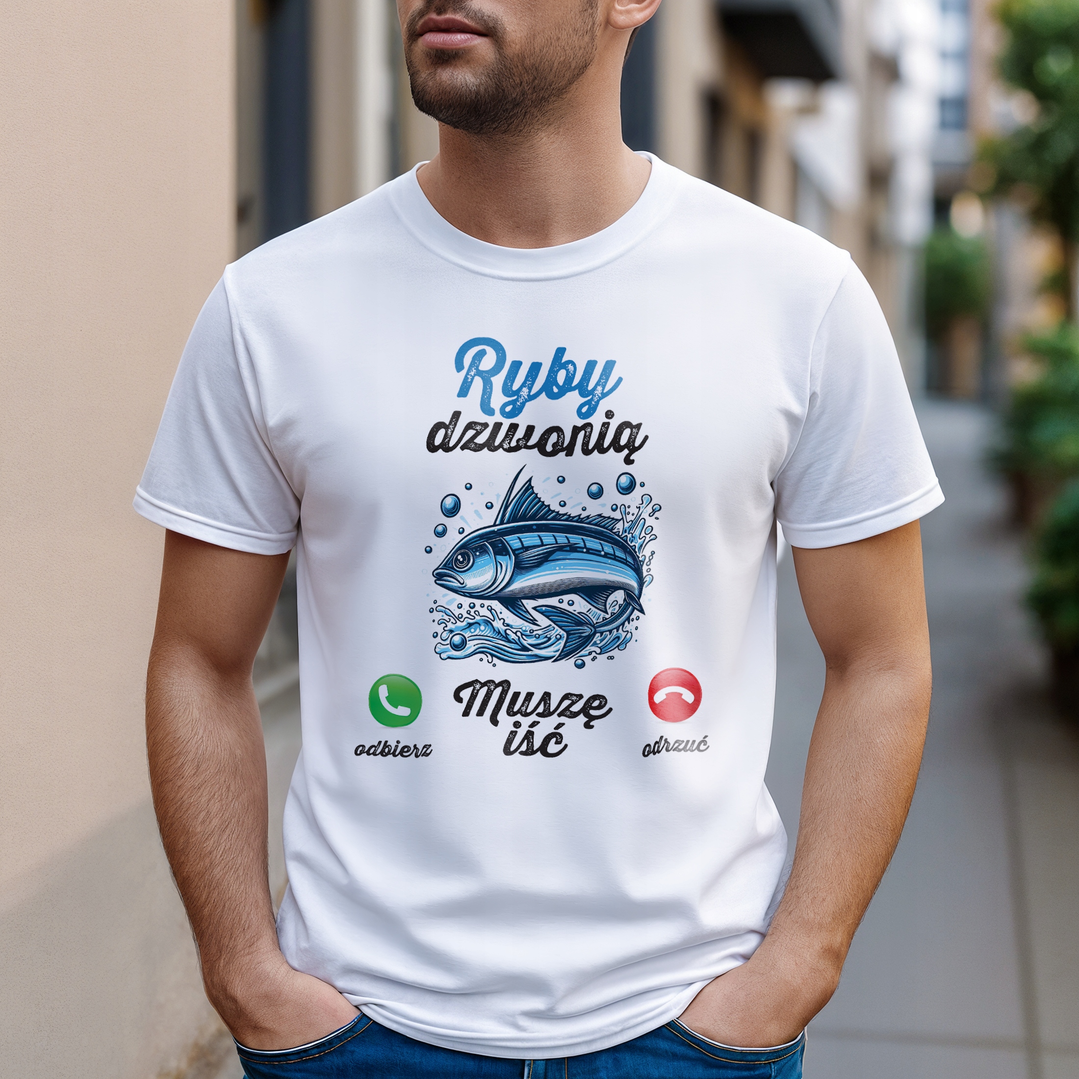 Koszulka biała męska Ryby Dzwonią Wędkarz Zabawny Prezent r. 3XL