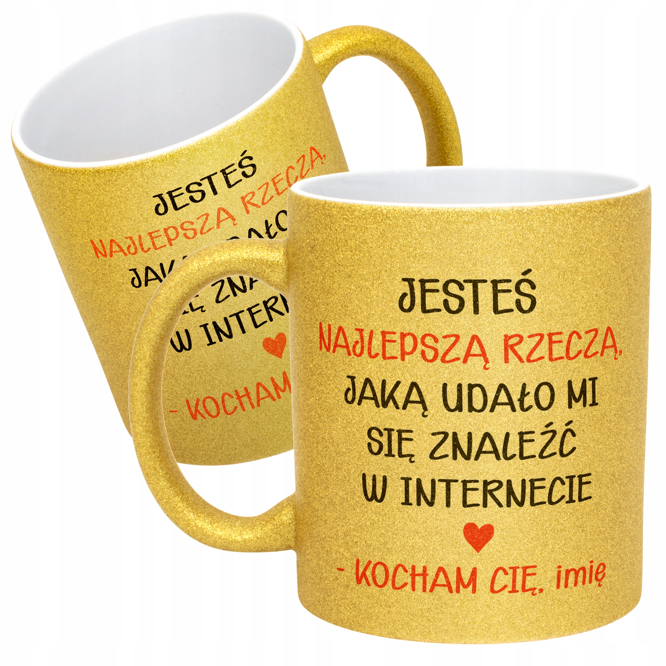 Złoty kubek brokatowy personalizowany Walentynki Prezent Upominek