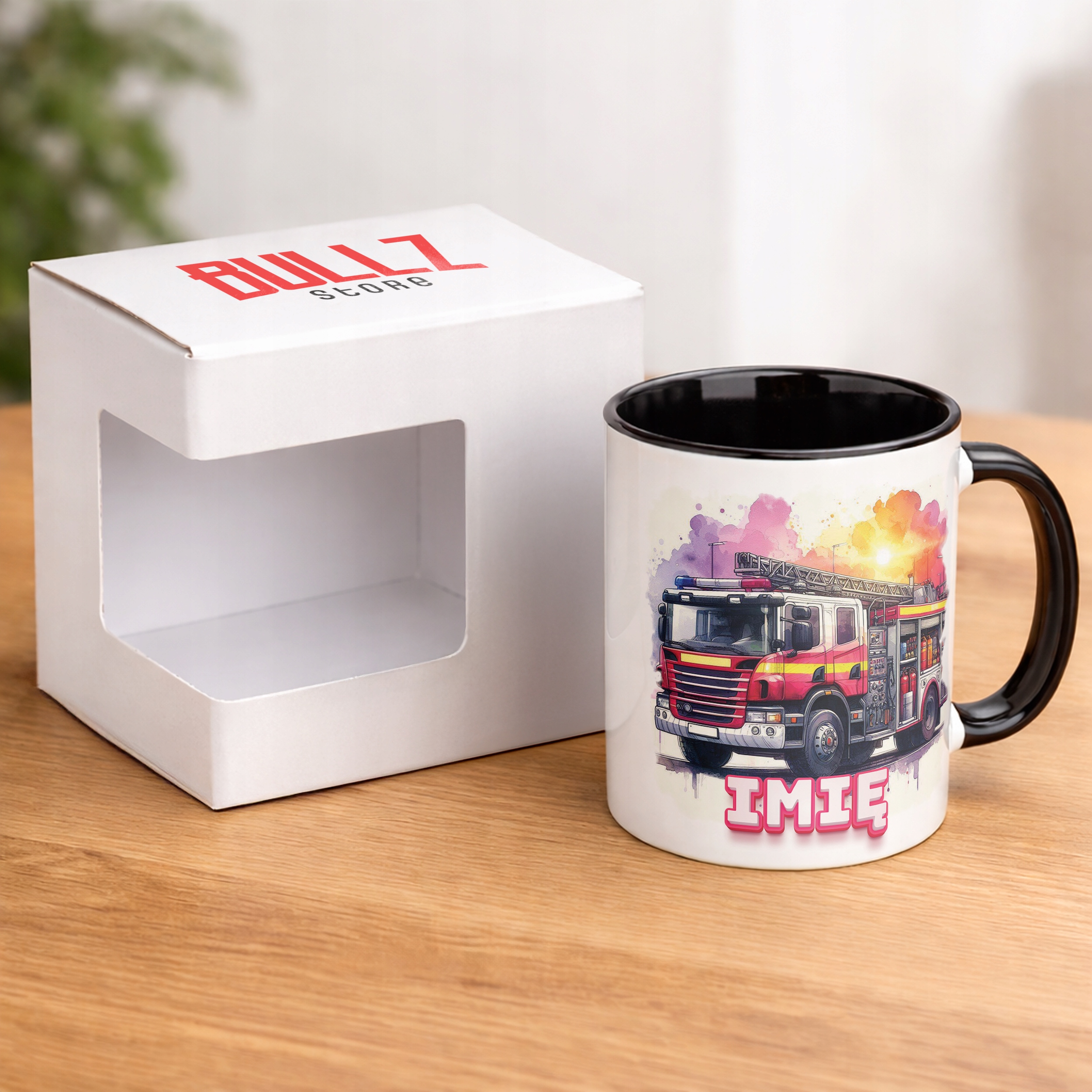Kubek Czarny Personalizowany Dla Strażaka Wóz Strażacki Prezent