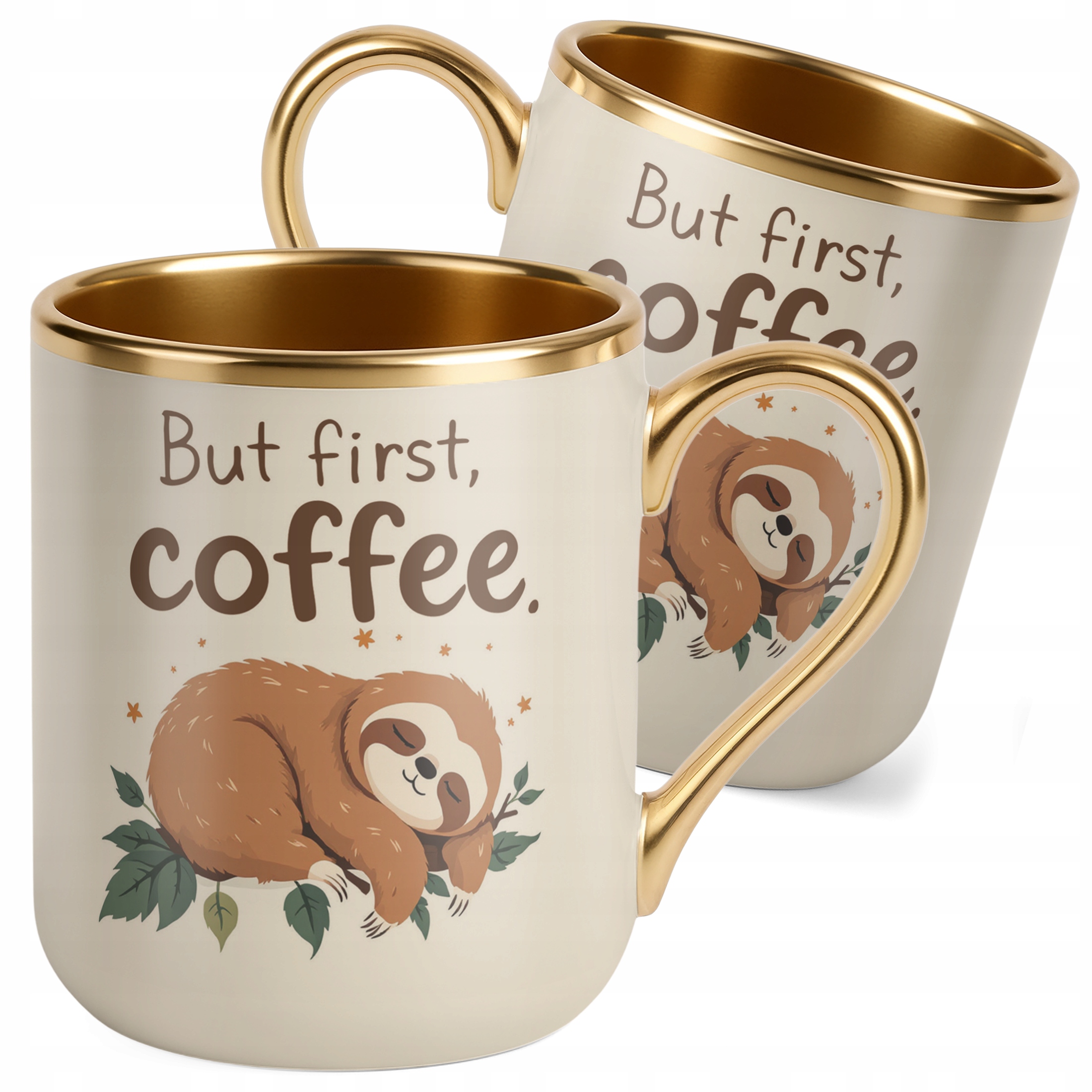 Kubek Premium Złoty Ecru But First Coffee Kawa Leniwiec Zabawny Prezent