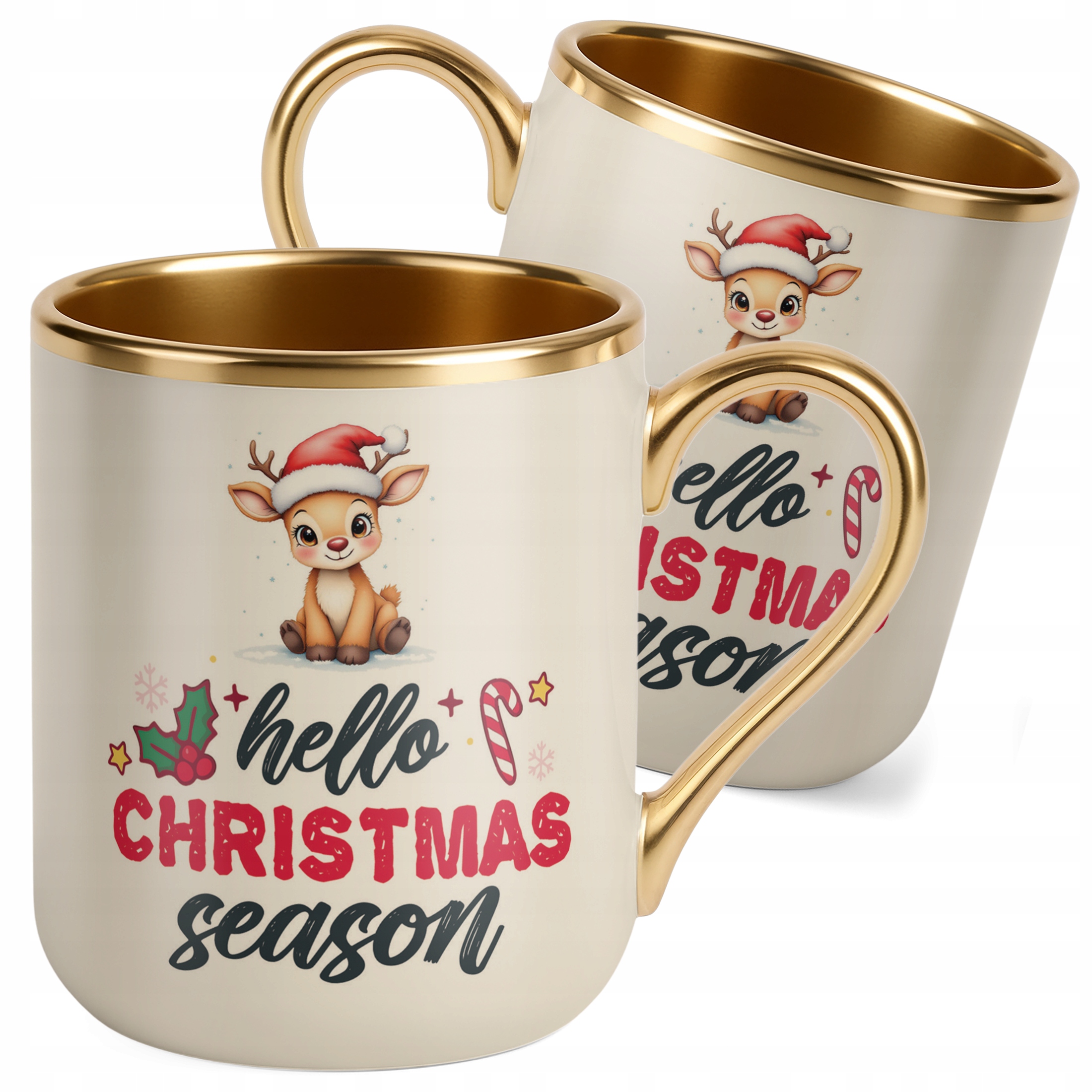 Kubek Premium Złoty Ecru Świąteczny Hello Christmas Boże Narodzenie