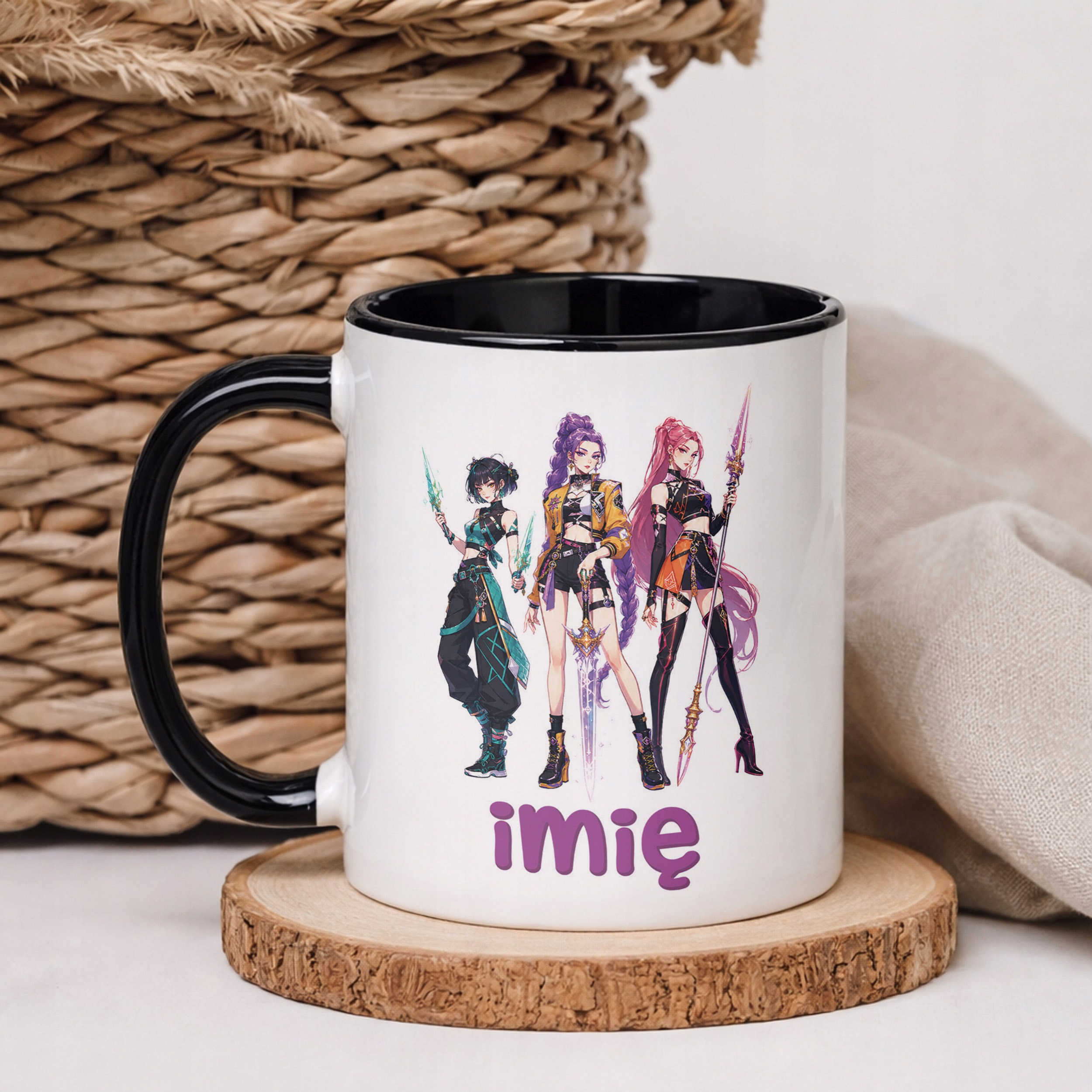 Kubek Czarny z nadrukiem personalizowany ŁOWCZYNIE KPOP Dla Dzieci Prezent
