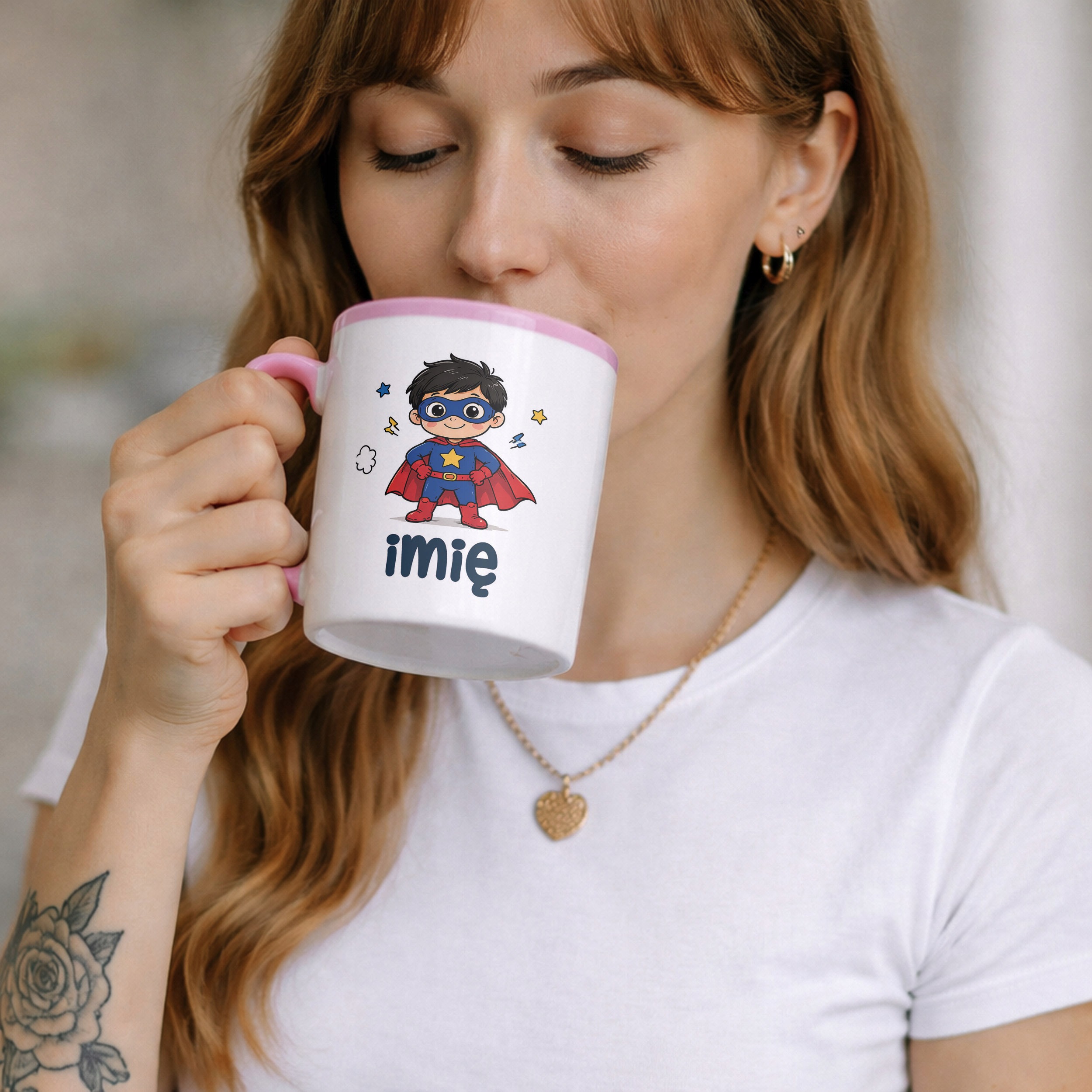 Zestaw Personalizowany Kubek Różowy Poduszka Superbohater Prezent