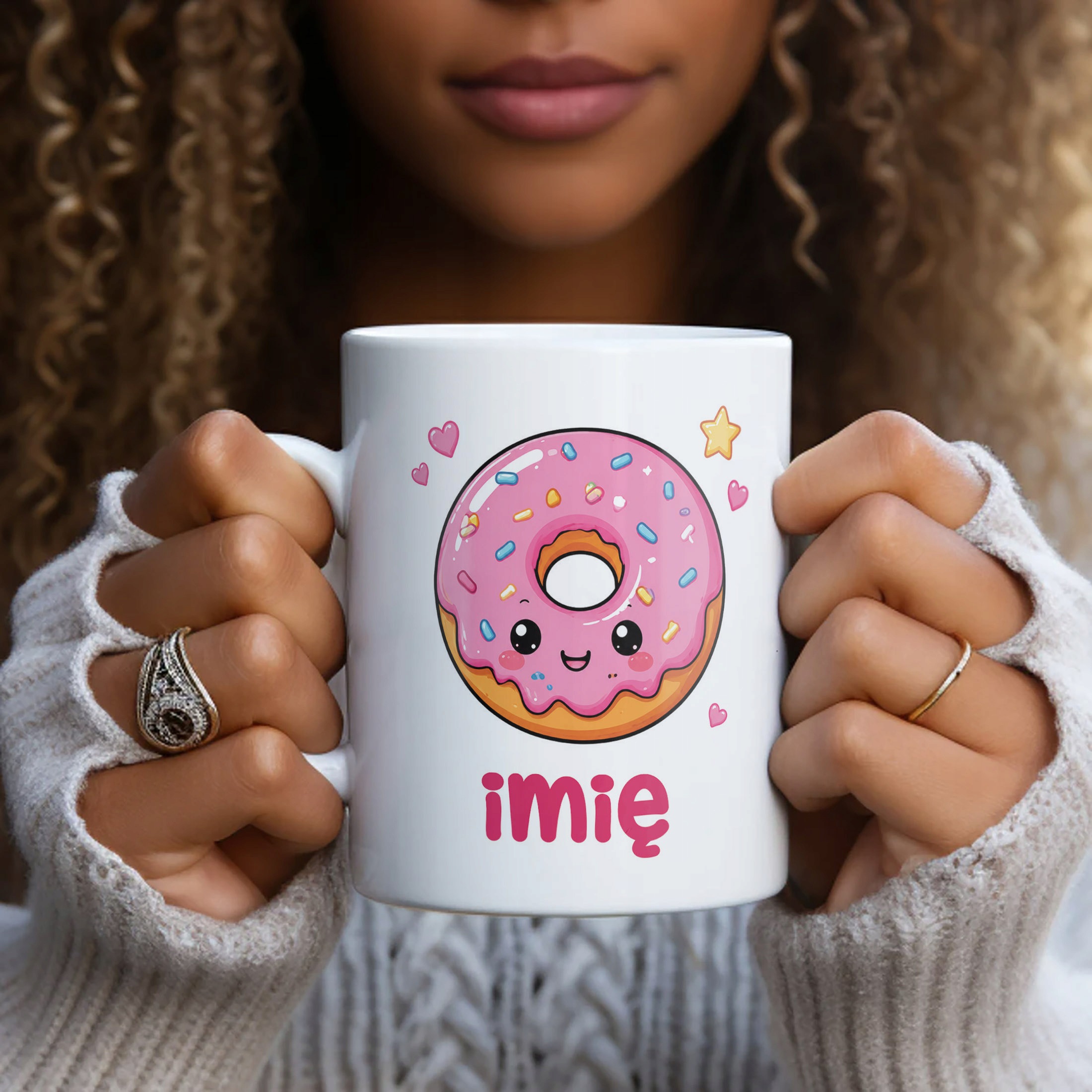 Biały Kubek z nadrukiem personalizowany Kawaii Pączek Dla Dzieci Prezent