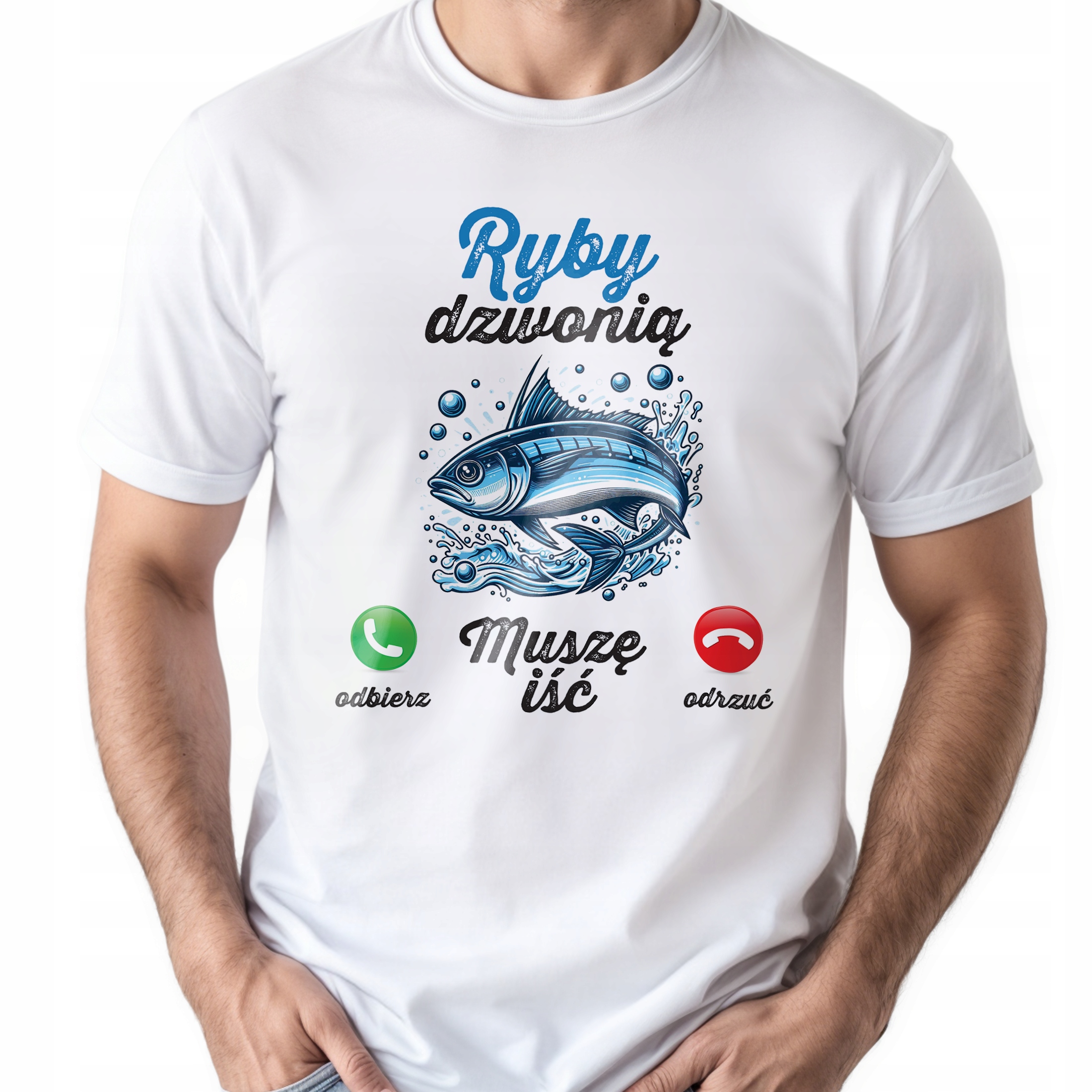 Koszulka biała męska Ryby Dzwonią Wędkarz Zabawny Prezent r. 3XL