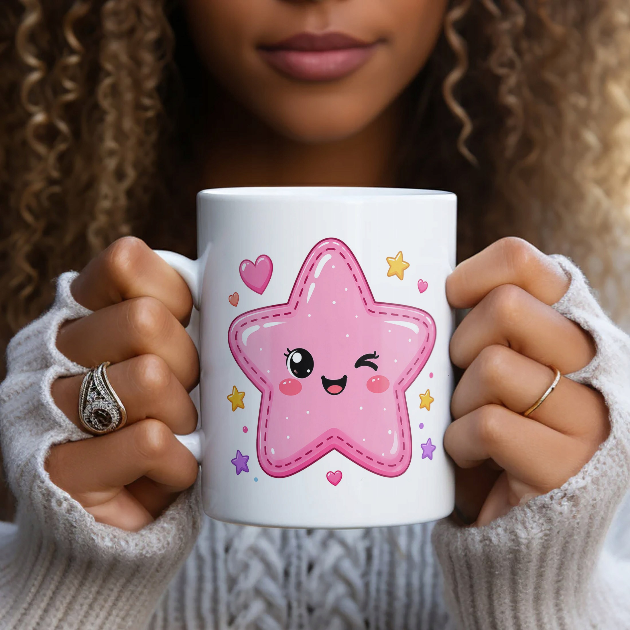 Biały Kubek z nadrukiem Kawaii Gwiazdka Dla Dzieci Prezent Upominek