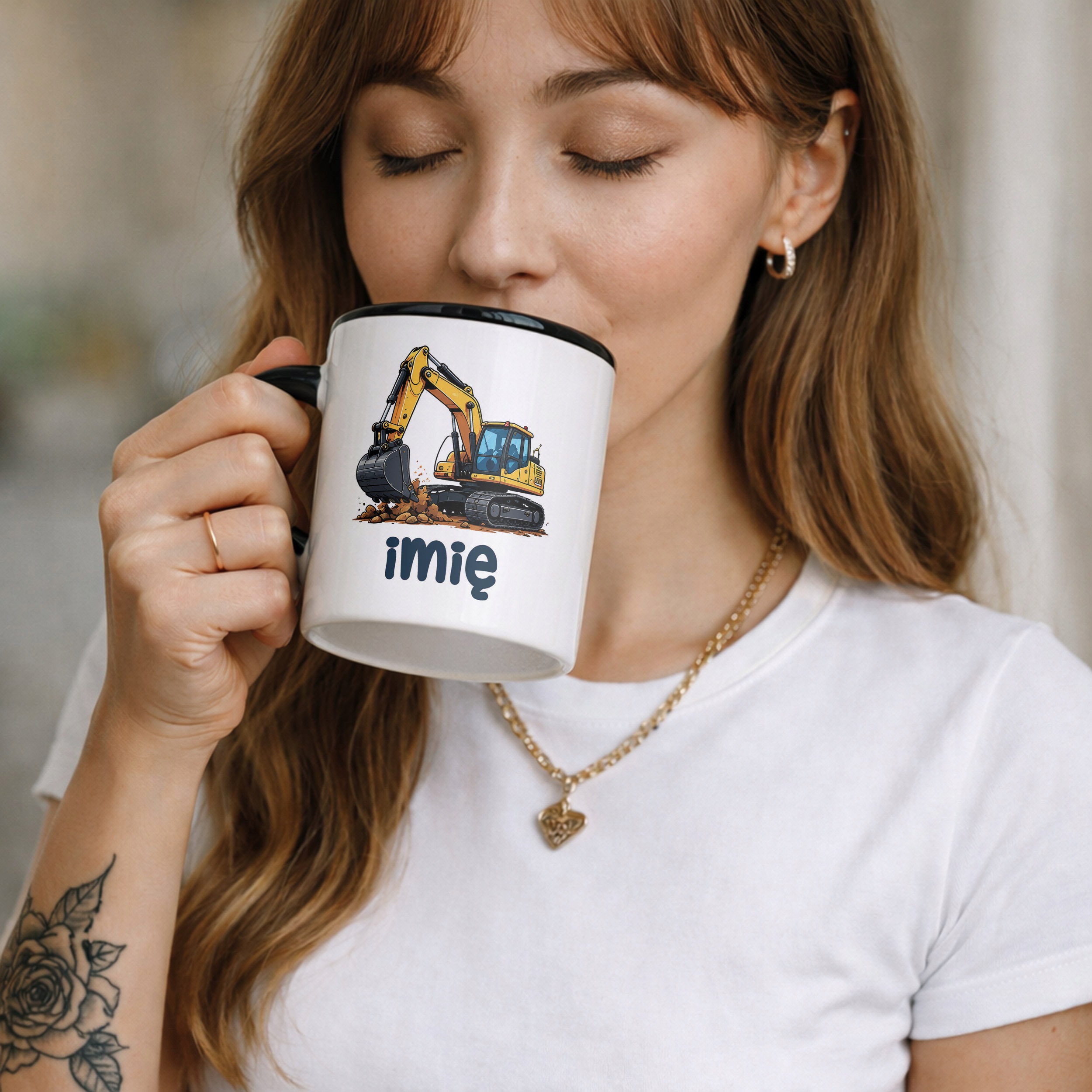 Zestaw Personalizowany Kubek Czarny Poduszka Koparka Prezent