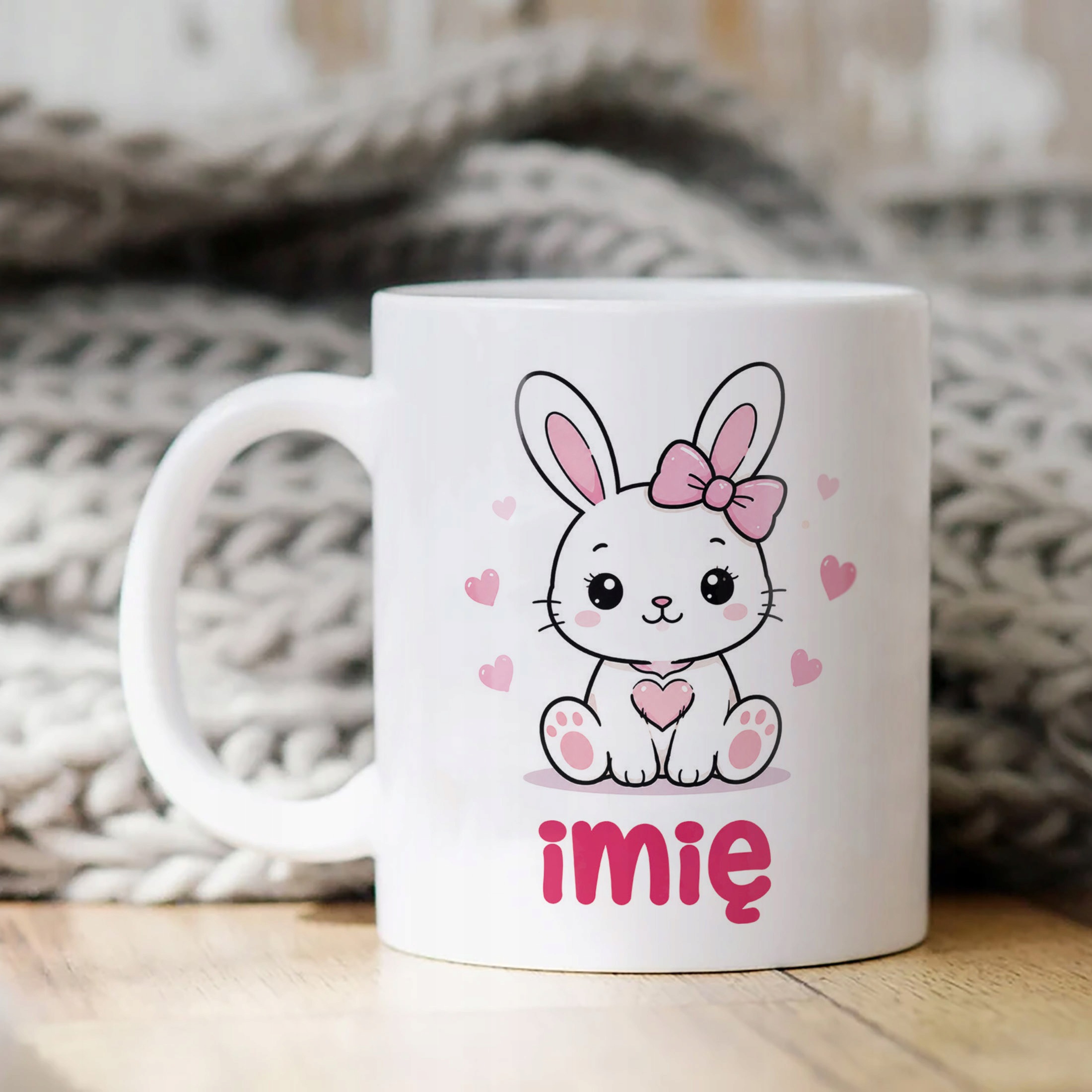 Biały Kubek z nadrukiem personalizowany Uroczy Króliczek Dla Dzieci