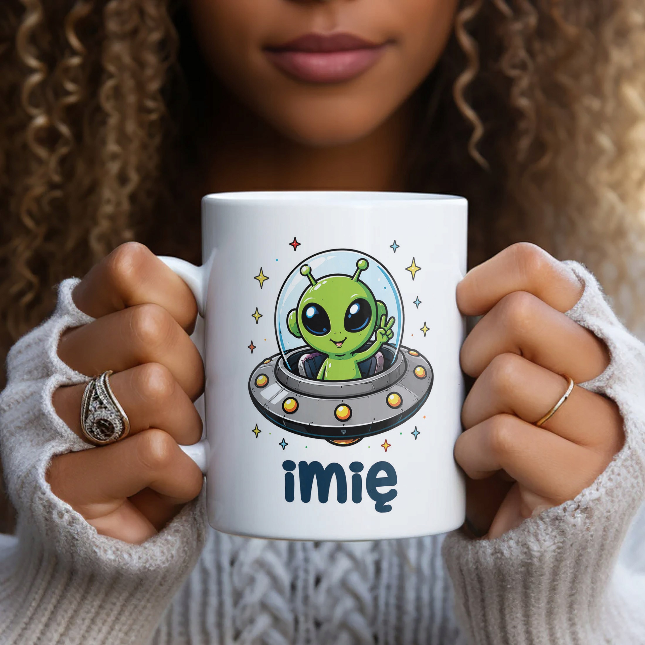 Biały Kubek z nadrukiem personalizowany Kosmita UFO Dla Dzieci Prezent