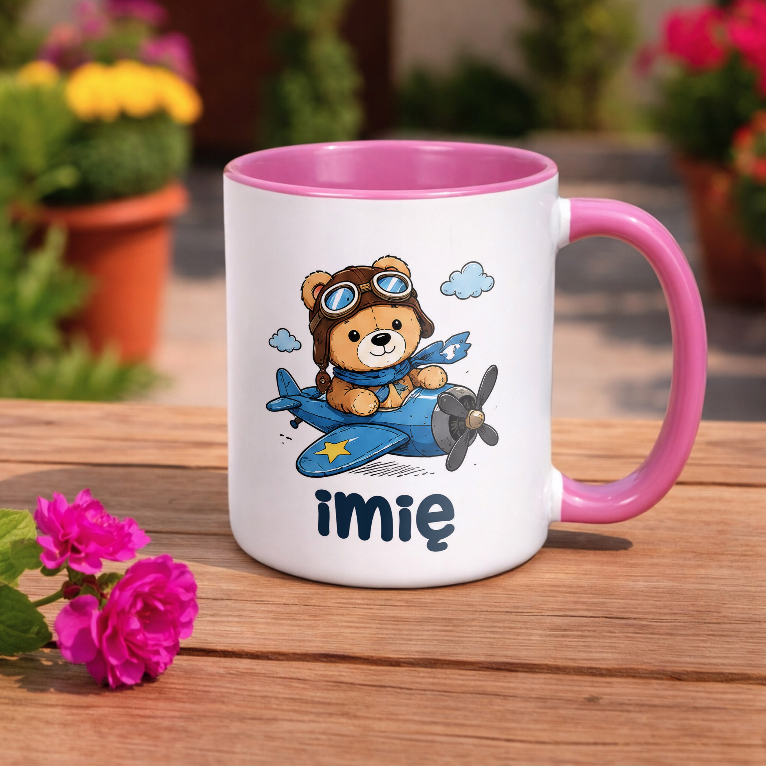 Zestaw Personalizowany Kubek Różowy Poduszka Miś w samolocie Prezent