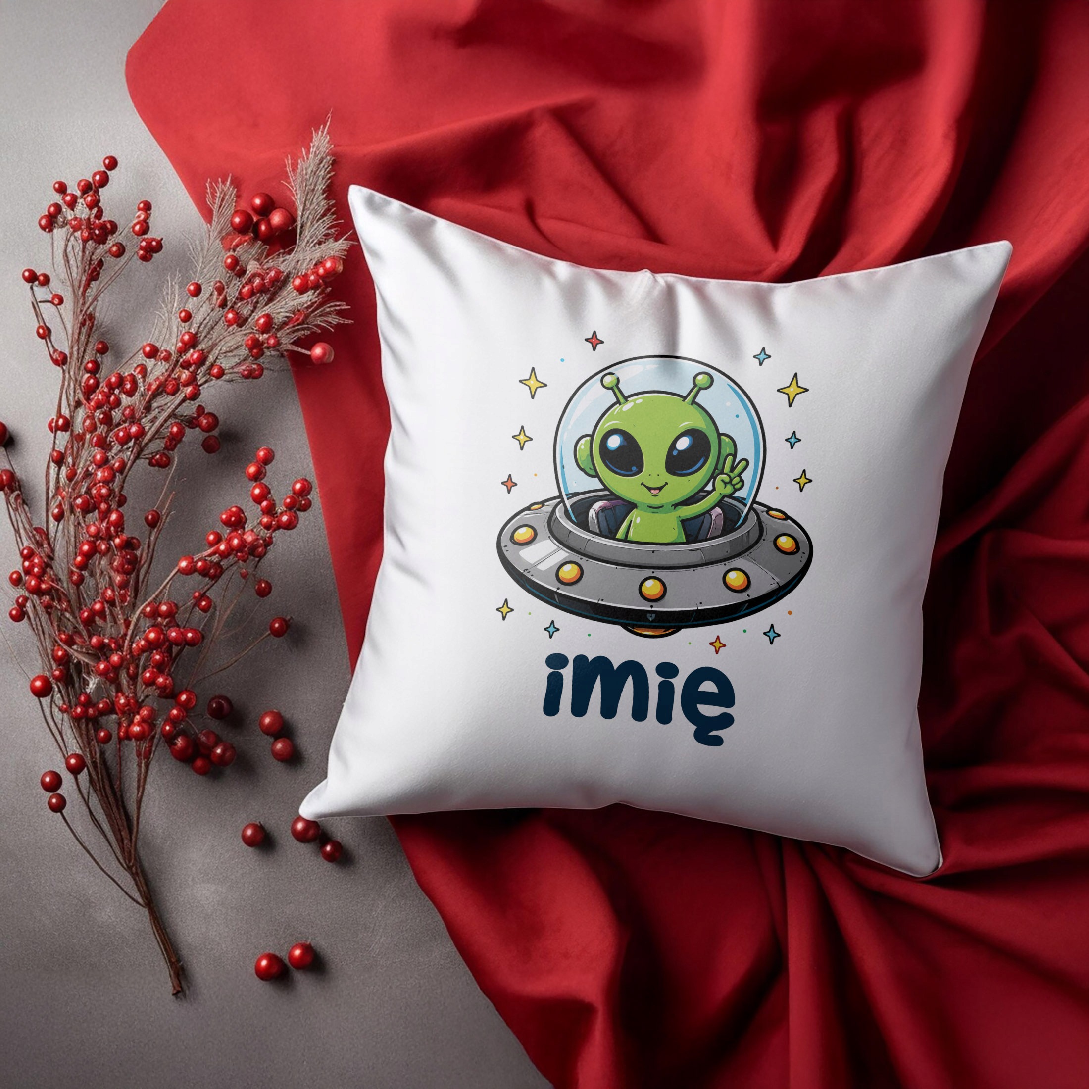 Zestaw Personalizowany Kubek Różowy Poduszka Kosmita UFO Prezent