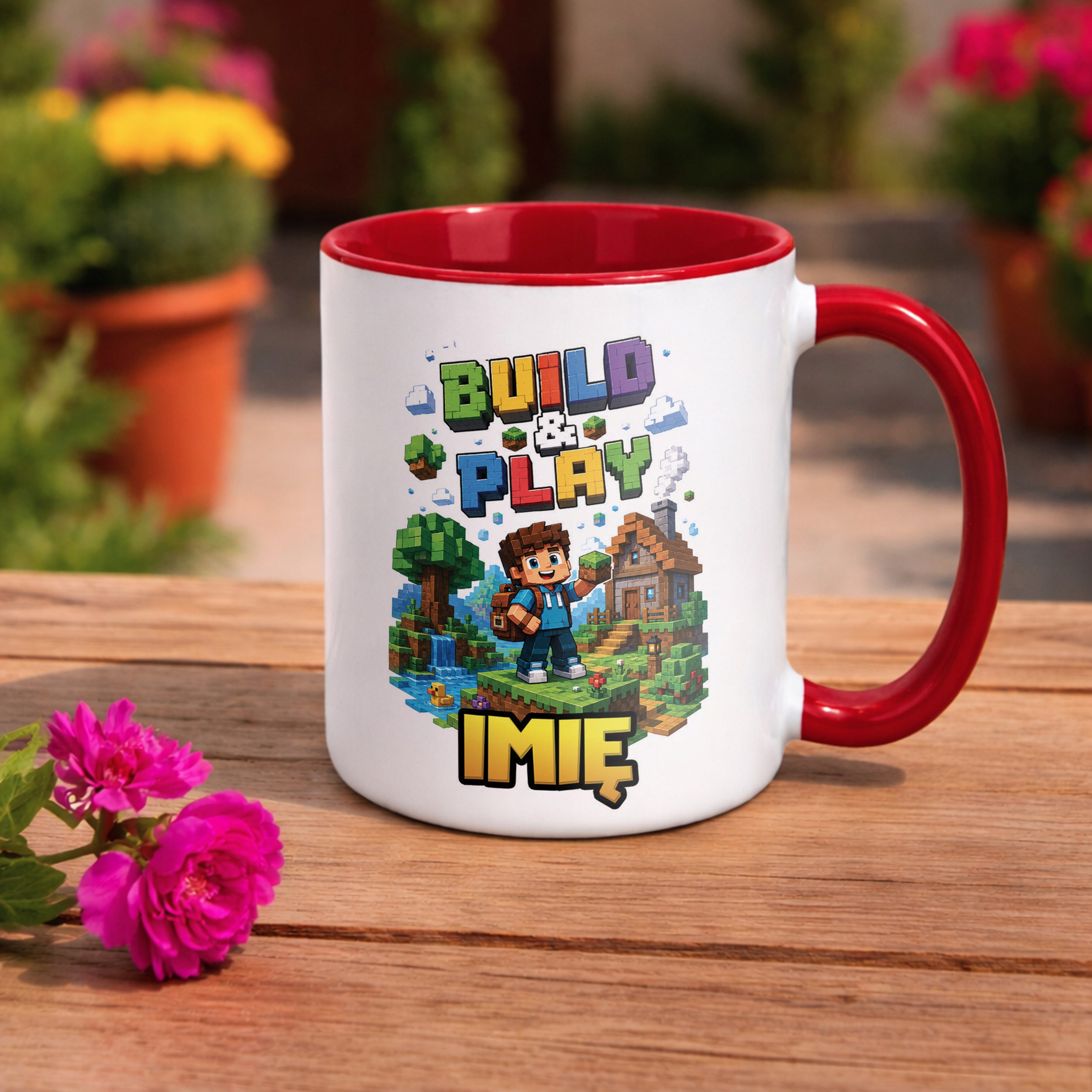 Zestaw Personalizowany Kubek Czerwony Poduszka gra Build&Play Prezent