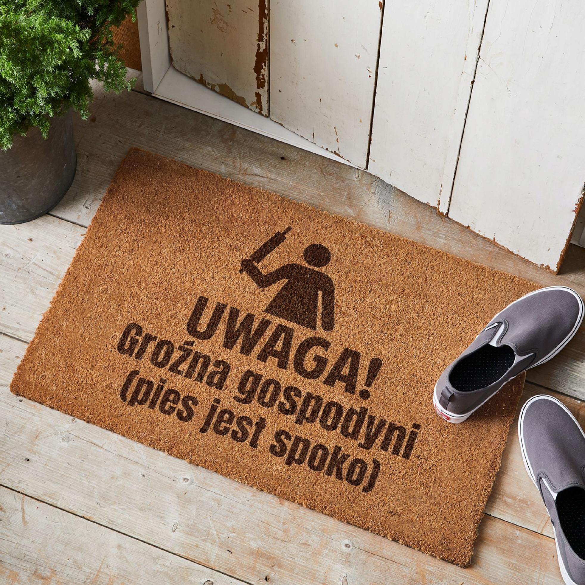 Wycieraczka UWAGA groźna gospodyni pies jest spoko pod drzwi kokosowa 60×40