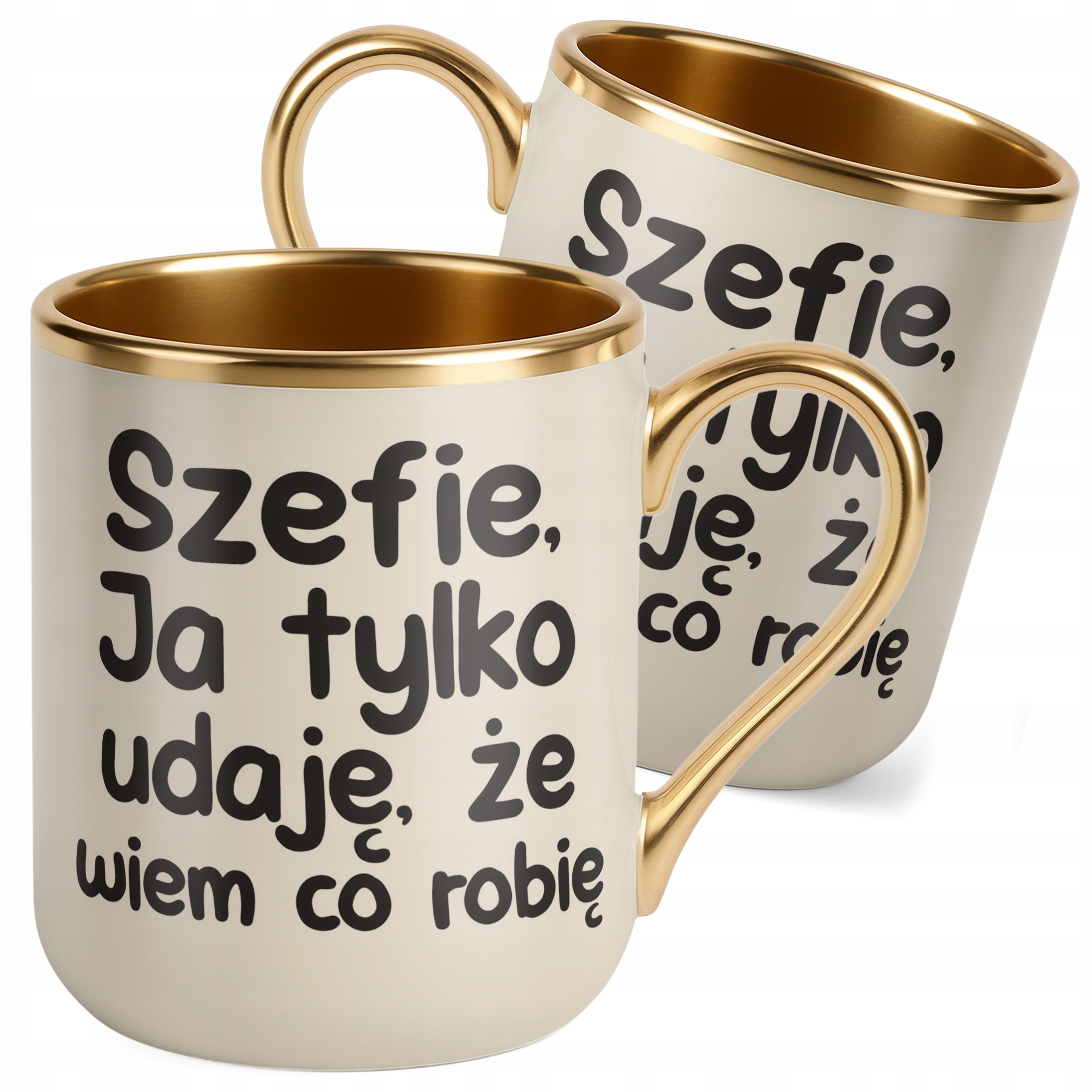 Kubek Premium Złoty Ecru Szefie Ja Tylko Udaję Że Wiem Śmieszny Zabawny